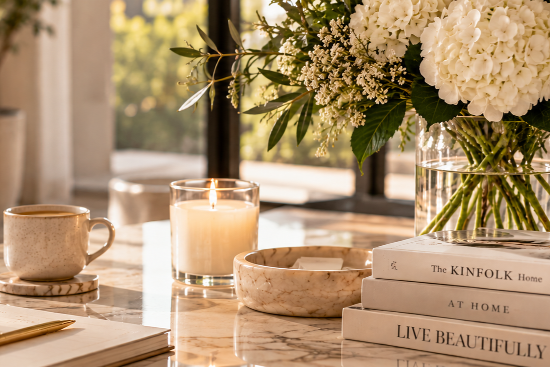 A marble table with a lit candle, a cup of coffee on a coaster, a marble bowl, a stack of books, and a large bouquet of white flowers in a glass vase, with sunlight coming through a window in the background.