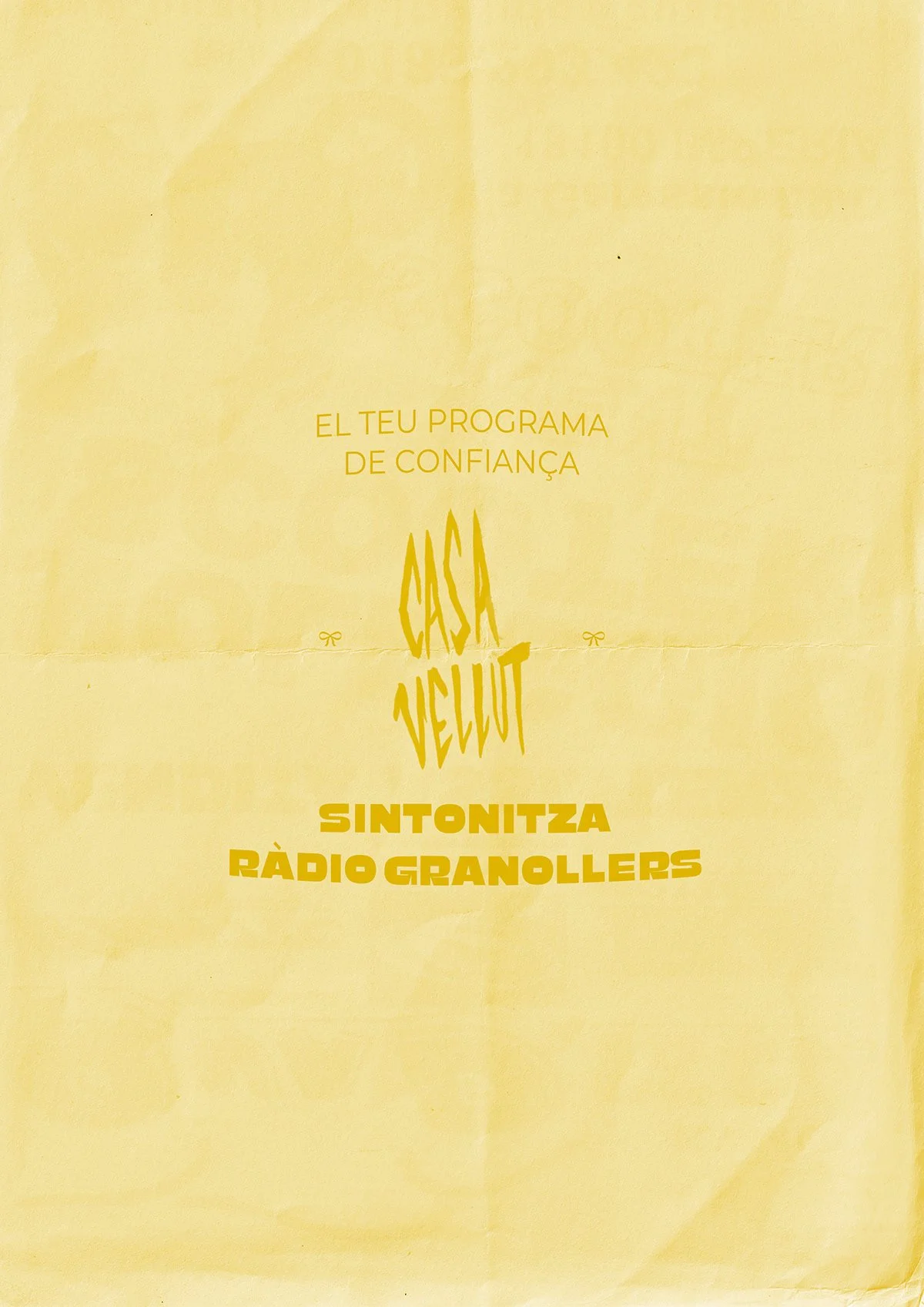 Yellow poster with Spanish text about a radio program, featuring the names 'Casa Velut' and 'Sintonitza Ràdio Granollers'.