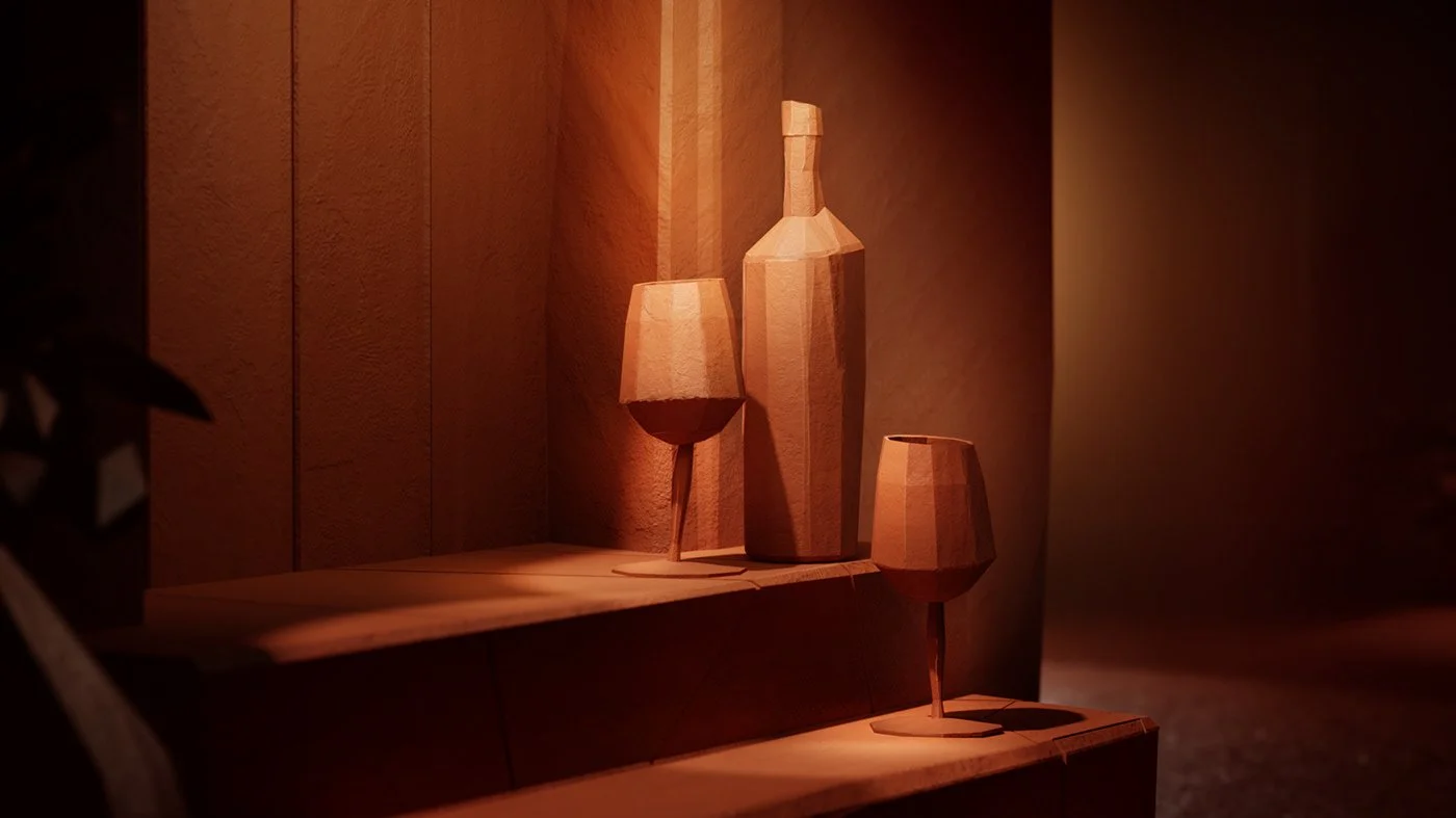 Three wooden decorative vases and glasses resting on a wooden surface, illuminated by warm lighting.