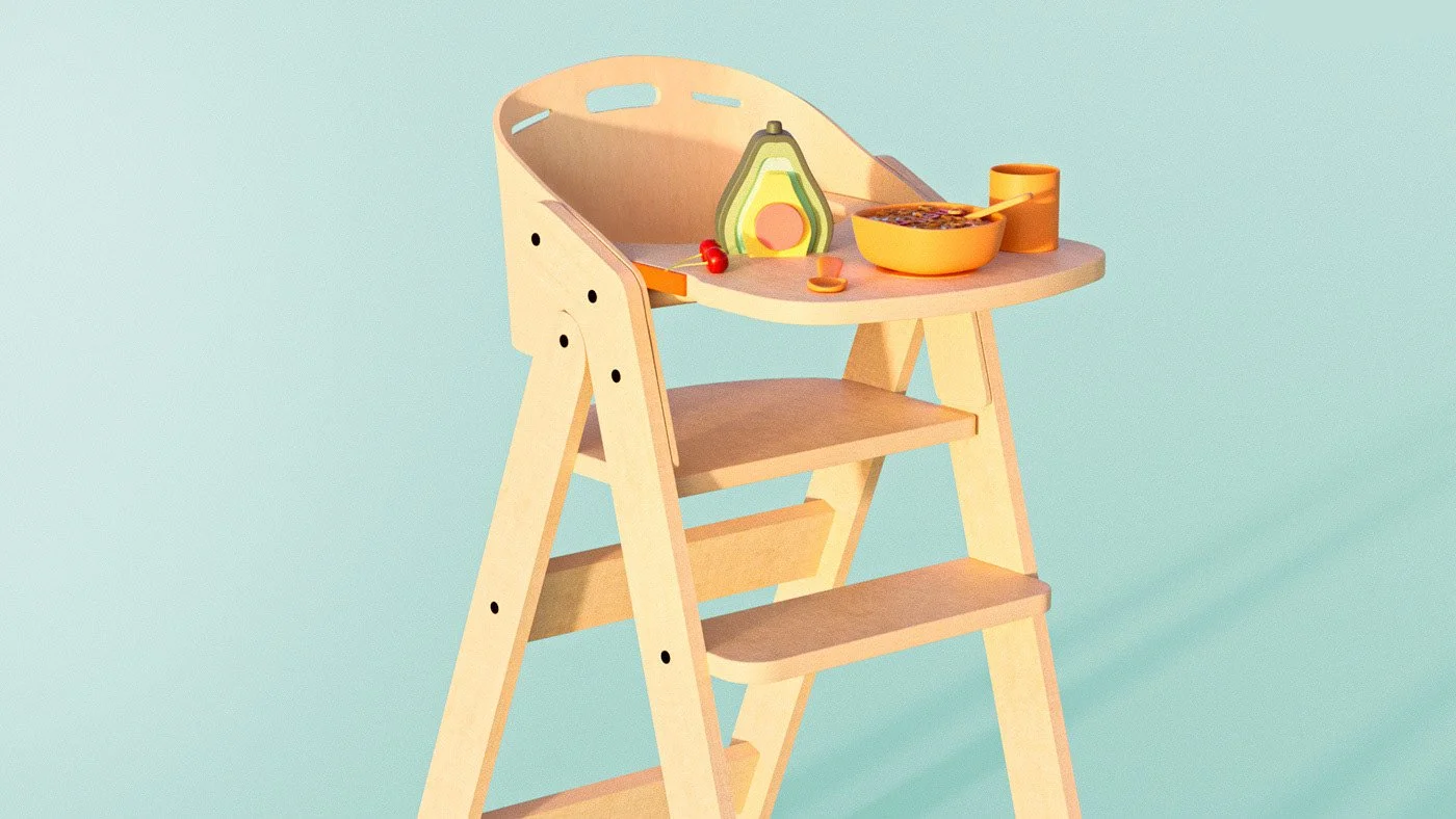 A wooden high chair with food and a cup on the tray against a light blue background.