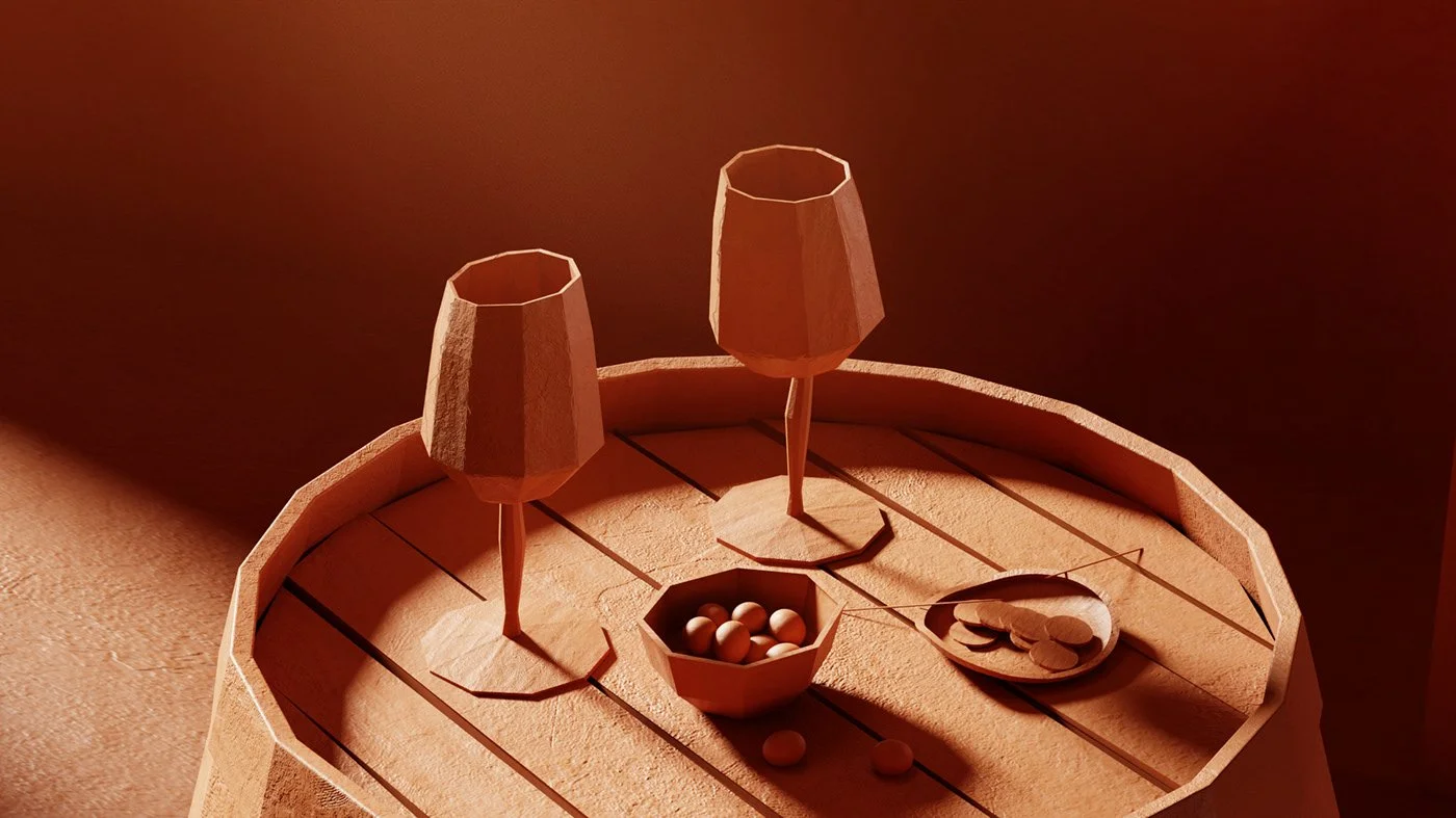 A wooden tray with two wine glasses, a bowl of popcorn, and a plate of snacks, all in a warm, softly lit setting.