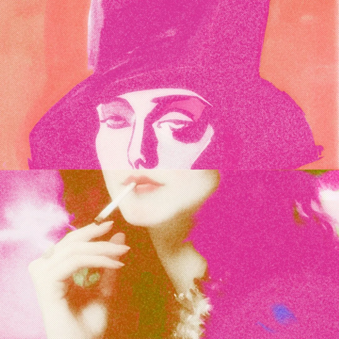 A stylized image of a woman with curly hair, smoking a cigarette, wearing a large pink hat, with a pink and orange background, and an abstract, collage-like effect.