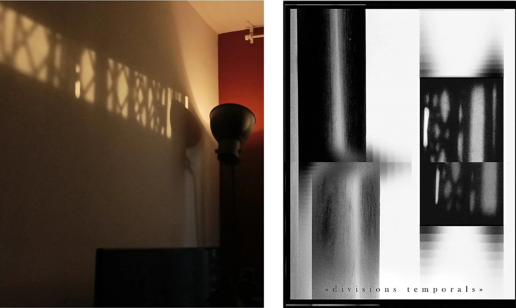 Left side: a soft-lit wall with shadows cast by a decorative railing and a small lampshade. Right side: a black and white digital artwork titled «divisions temporals» featuring abstract geometric shapes and gradients.
