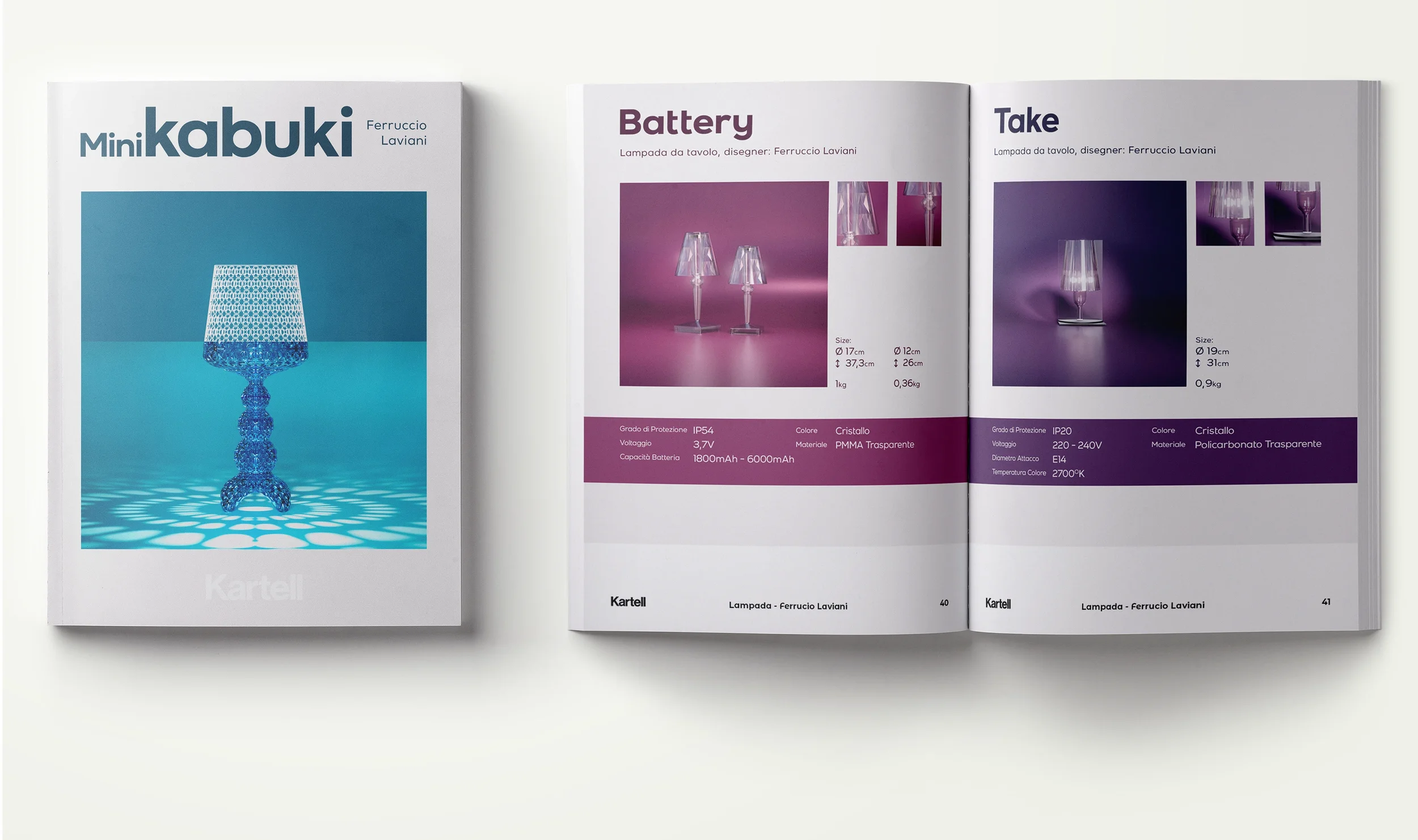 Open magazine displaying images and descriptions of designer lamps, with two pages showing CGI renders of lamp models "Battery" and "Take" by Ferruccio Laviani.
