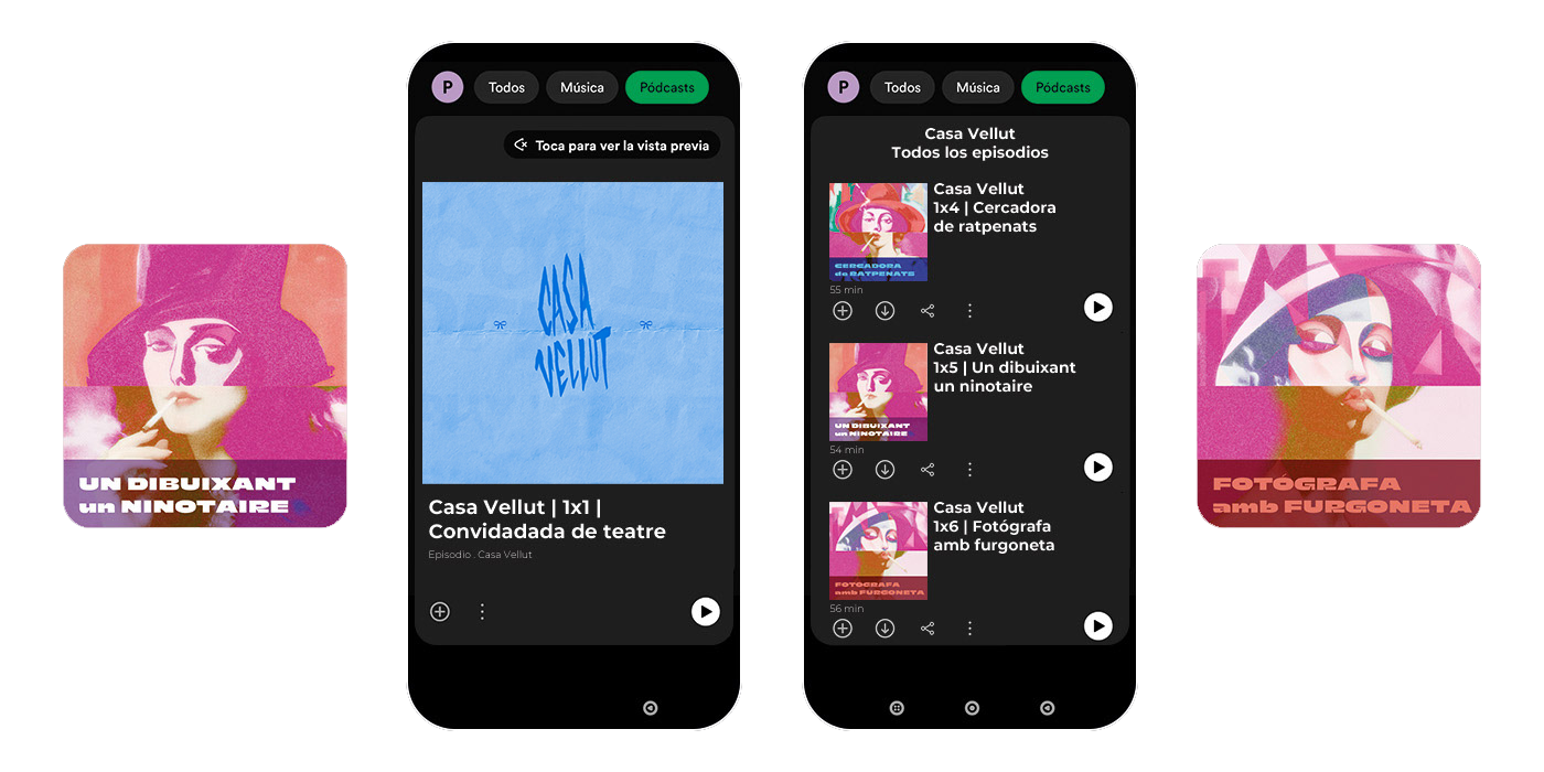 Three images of a podcast app interface with episodes of the show Casa Vellut, with colorful artwork and episode details; background images of a woman with makeup and cigarettes, in vibrant purple, pink, and red tones.