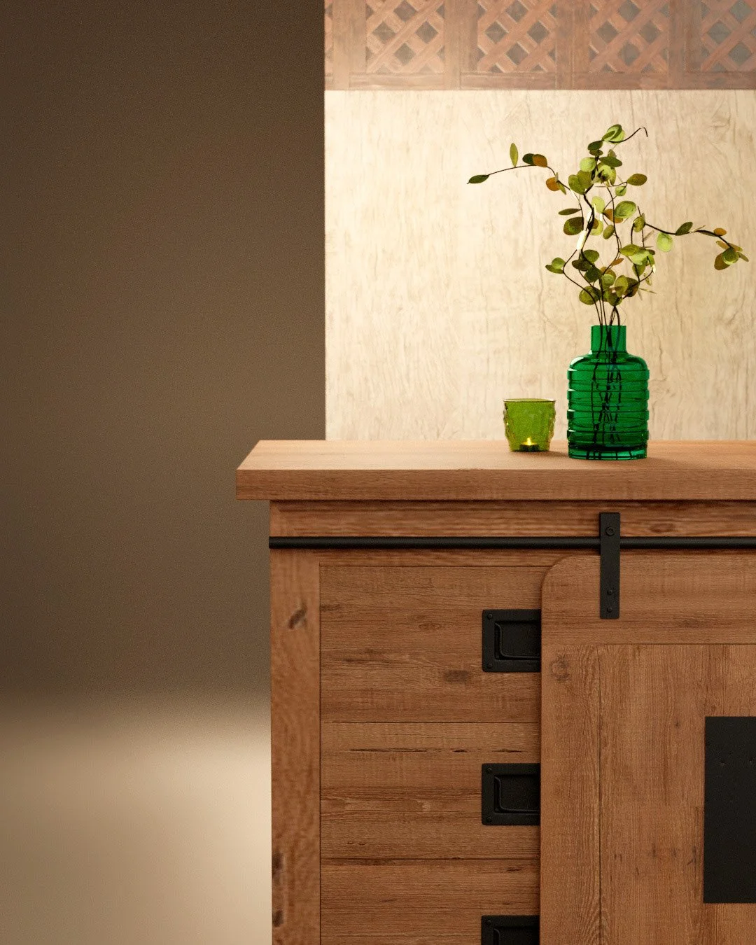 CGI render of a wooden cabinet with a green glass vase and a leafy branch, Veepee home campaign