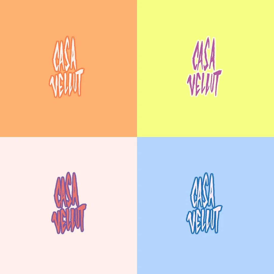 Four colorful backgrounds each with the phrase 'Casa Vellut' in different stylized fonts and colors in a pop art style.