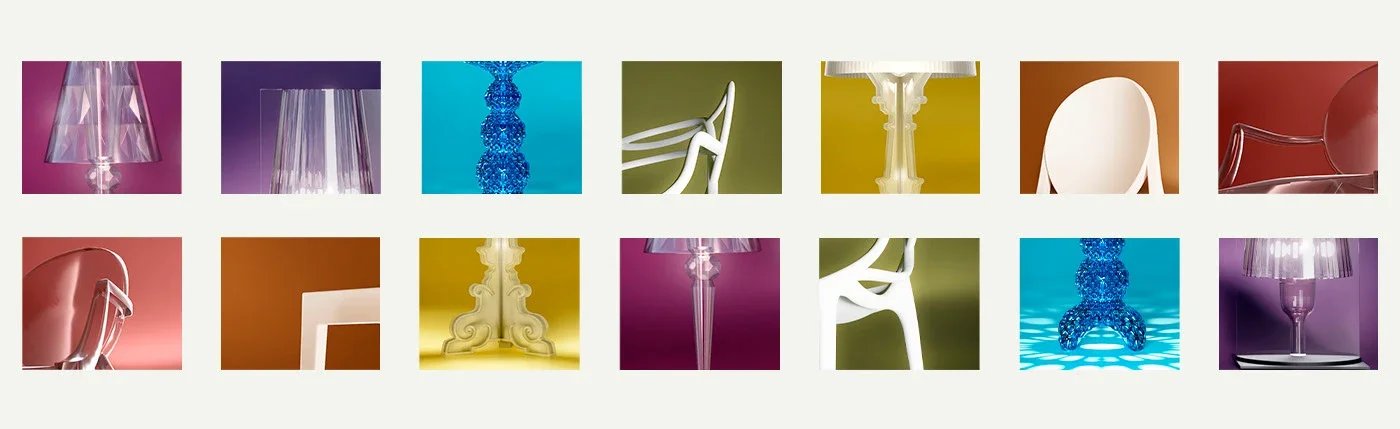 CGI renders of Kartell lamps, each in its own colour atmosphere, for the Kartell “Where You Shine” campaign