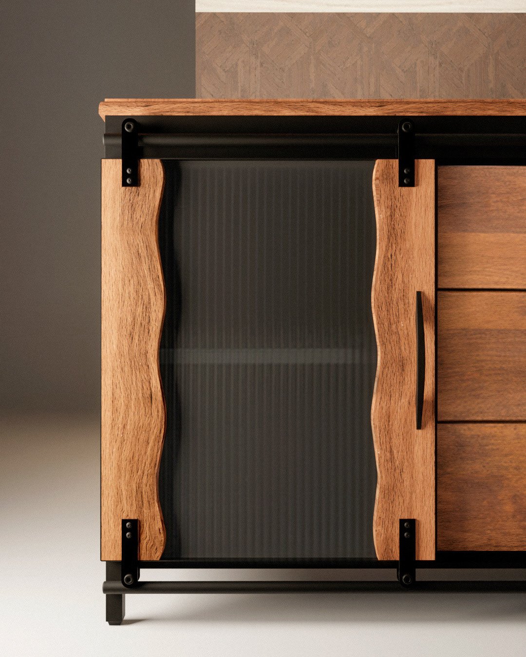 Close-up CGI render of a wooden cabinet with a wavy glass door, metal handles, and sliding black metal rails.