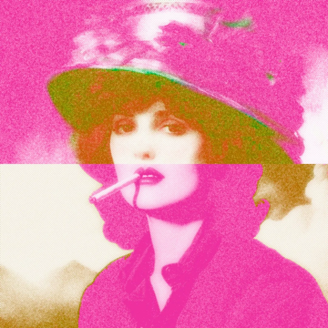A woman wearing a large wide-brimmed hat with flowers and a bow, with a cigarette in her mouth, dressed in a vintage style.