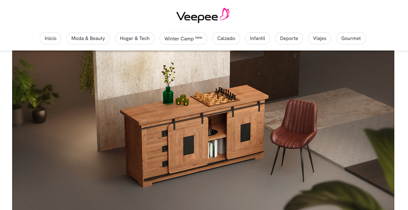A wooden sideboard with sliding barn doors, a chessboard, and decorative vases on top, set in a modern interior with a brown chair and potted plants.