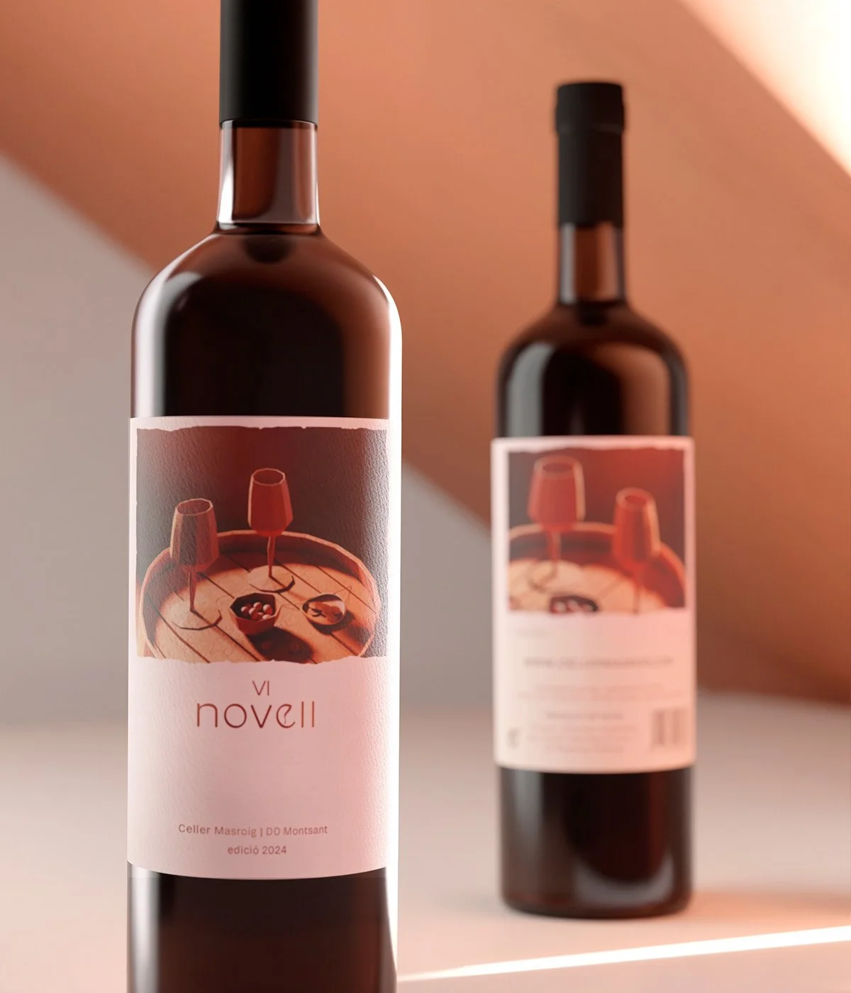 Two bottles of wine with pink labels depicting an illustration of a wine glass, a barrel, and some grapes, set against a pink and beige background.