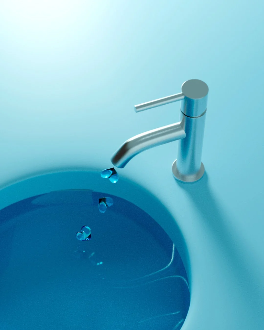 A modern, silver faucet with a single handle above a blue sink with water droplets.