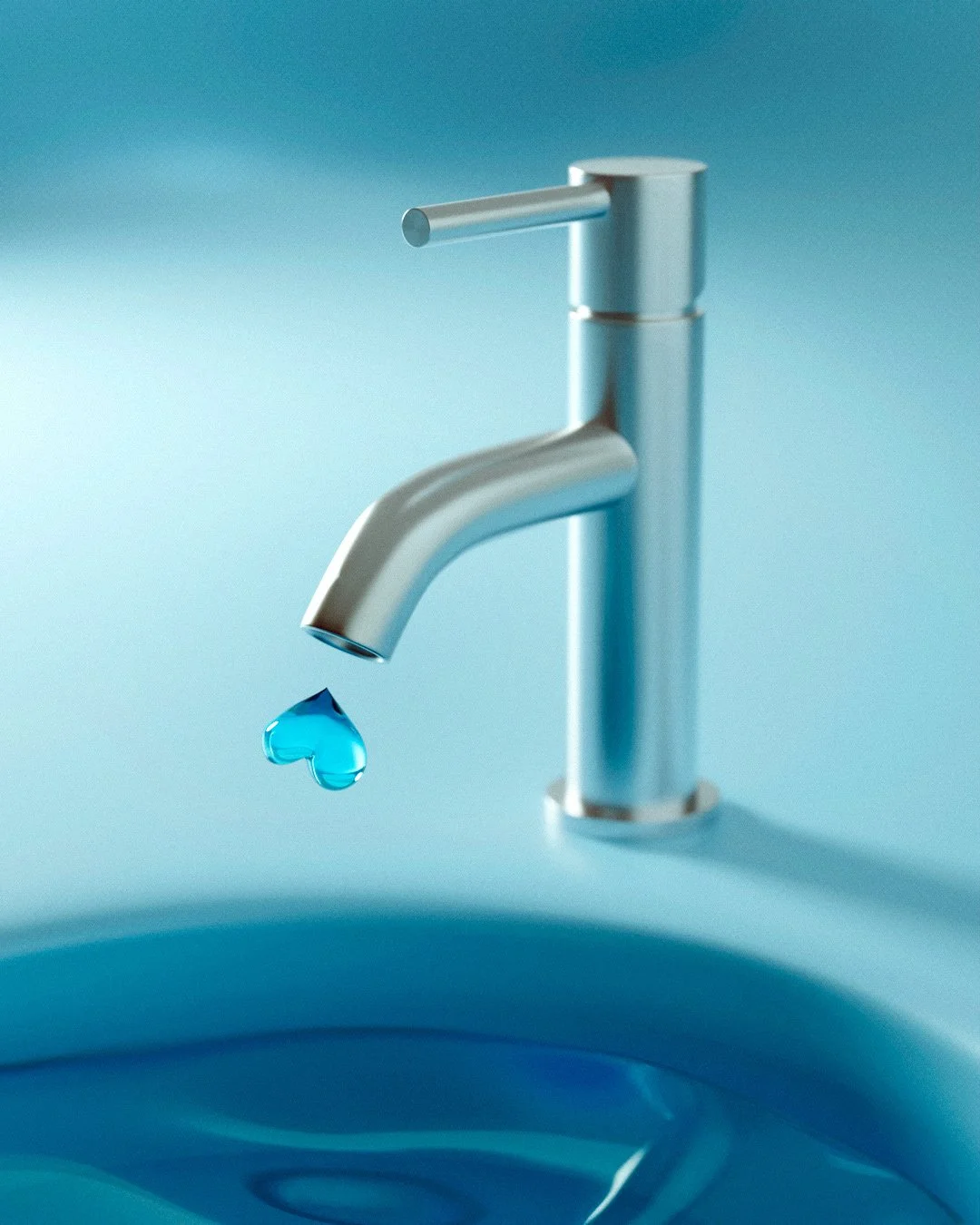 CGI render of a brushed steel tap releasing a heart-shaped water drop over a blue basin