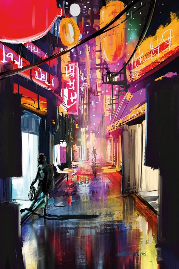 A vibrant city street scene at night with neon lights, tall buildings, and pedestrians reflected on wet pavement.