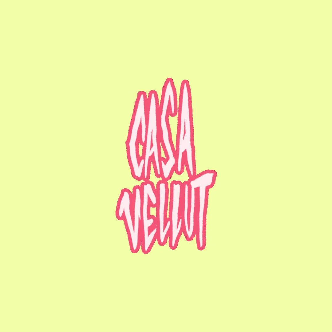 Pink text that says 'CASA VELUT' on a light yellow background.