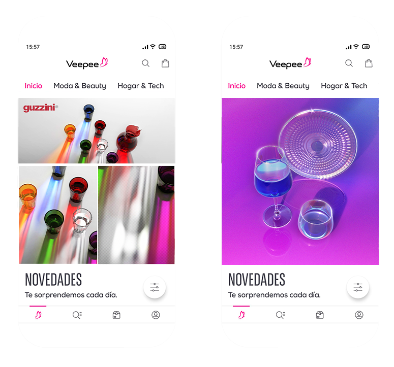 Screenshots of a mobile app VEEPEE interface showcasing products, including colorful glass straws and a transparent plate with glasses of blue and clear liquids on a vibrant purple background.