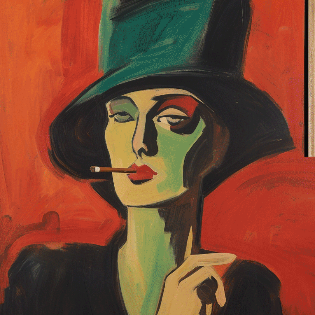 A stylized portrait of a woman with dark hair, wearing a large green hat, with red lipstick, holding a cigarette in her mouth, set against a red background.