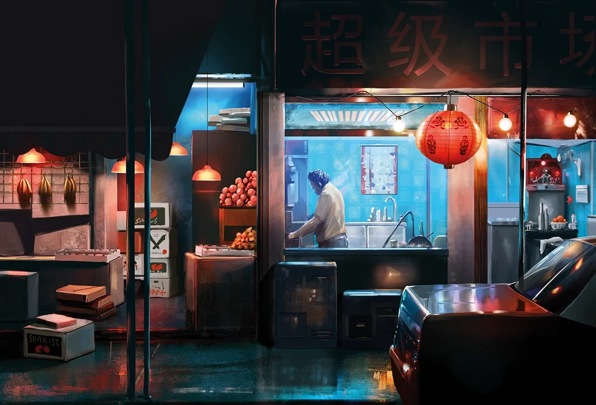 Night scene of a small Asian street food stand with a man preparing food inside, decorated with red lanterns and hanging lights, surrounded by parked cars and illuminated signs.