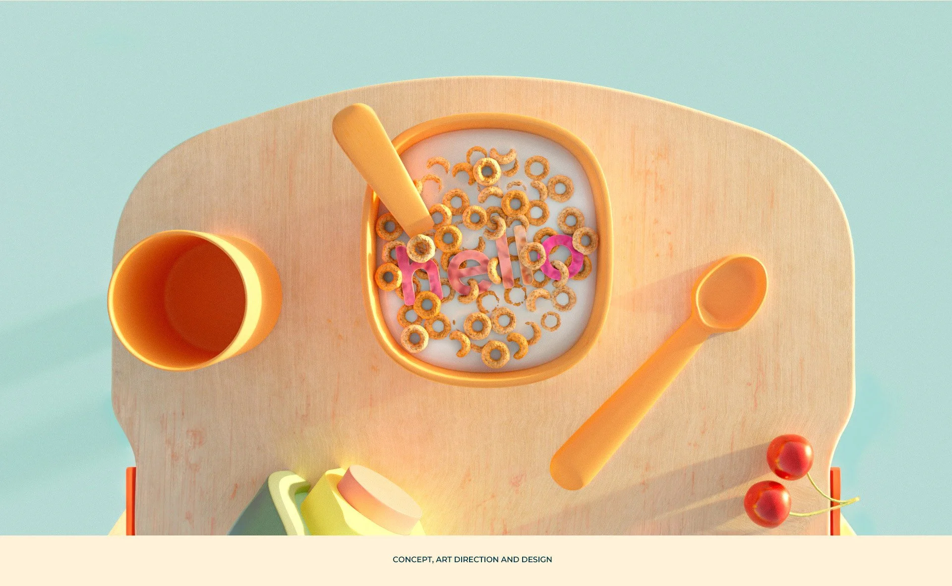 A top-down view of a creative cereal breakfast with a pink milky drink, a yellow spoon, and cereals in a bowl on a light wooden tray.