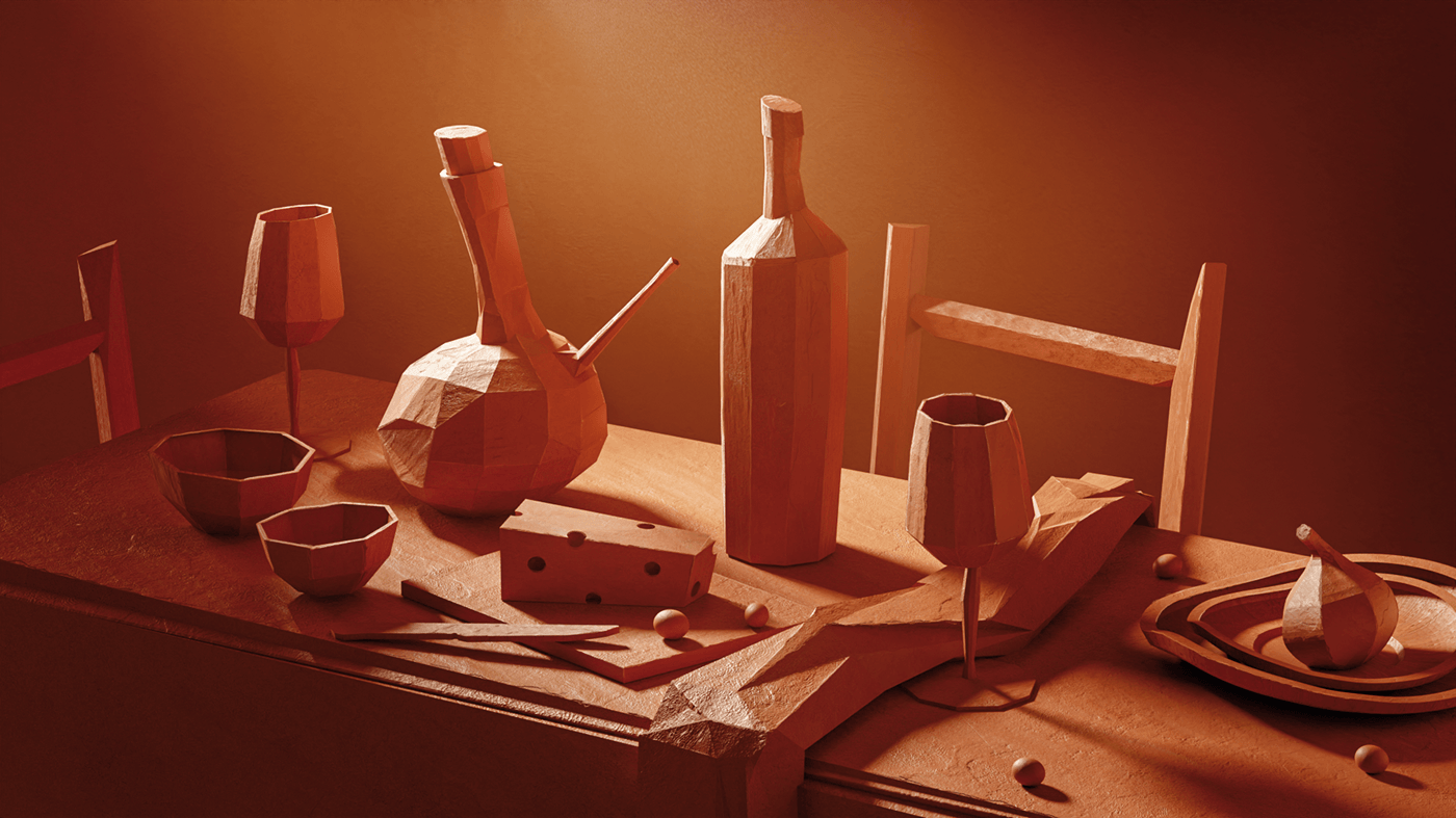 A wooden tabletop with geometrically carved objects, including bottles, bowls, a cheese grater, a spoon, a plate, and scattered balls, illuminated by warm light.