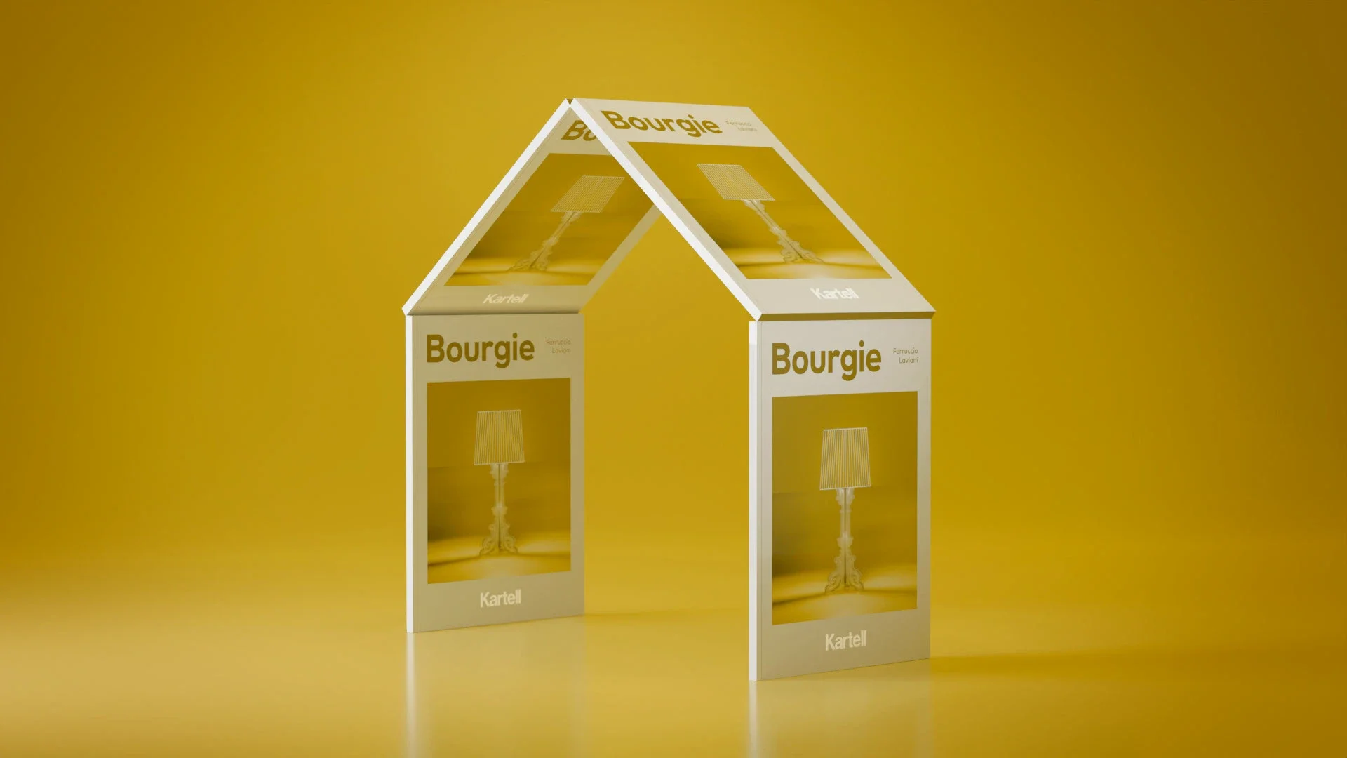 CGI render of house-shaped packaging for the Kartell Bourgie lamp on a golden yellow background