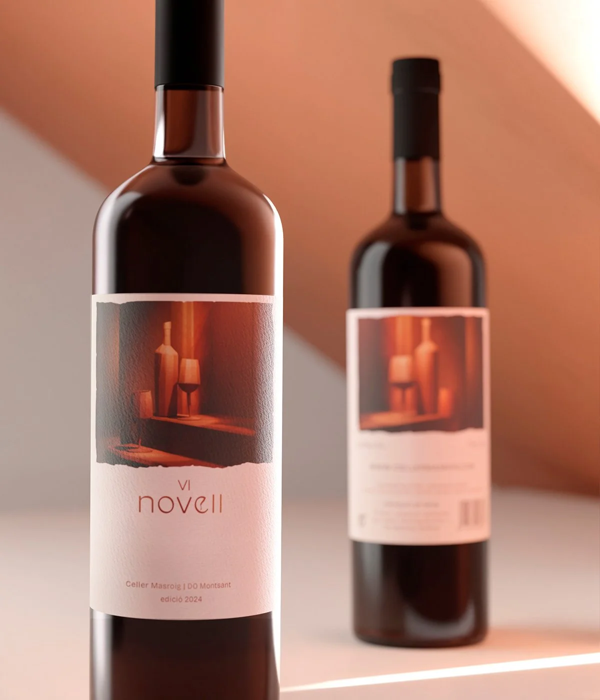 Two bottles of wine with labels featuring abstract artwork, one in the foreground and one blurred in the background, placed on a light surface with a warm-toned background.