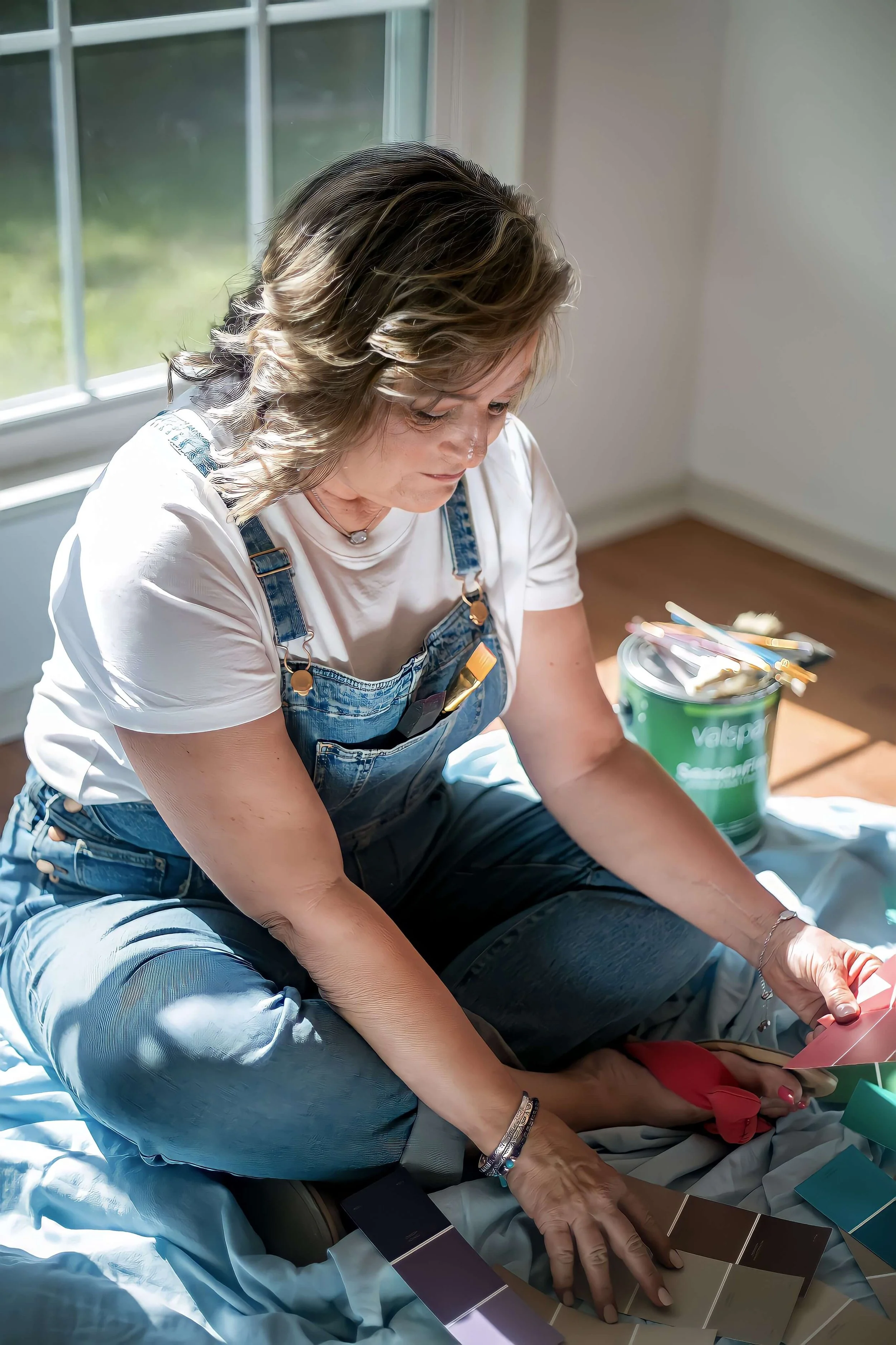 Sherri Davis sitting on the floor looking down at paint color samples, with a painted wall and paint bucket nearby.