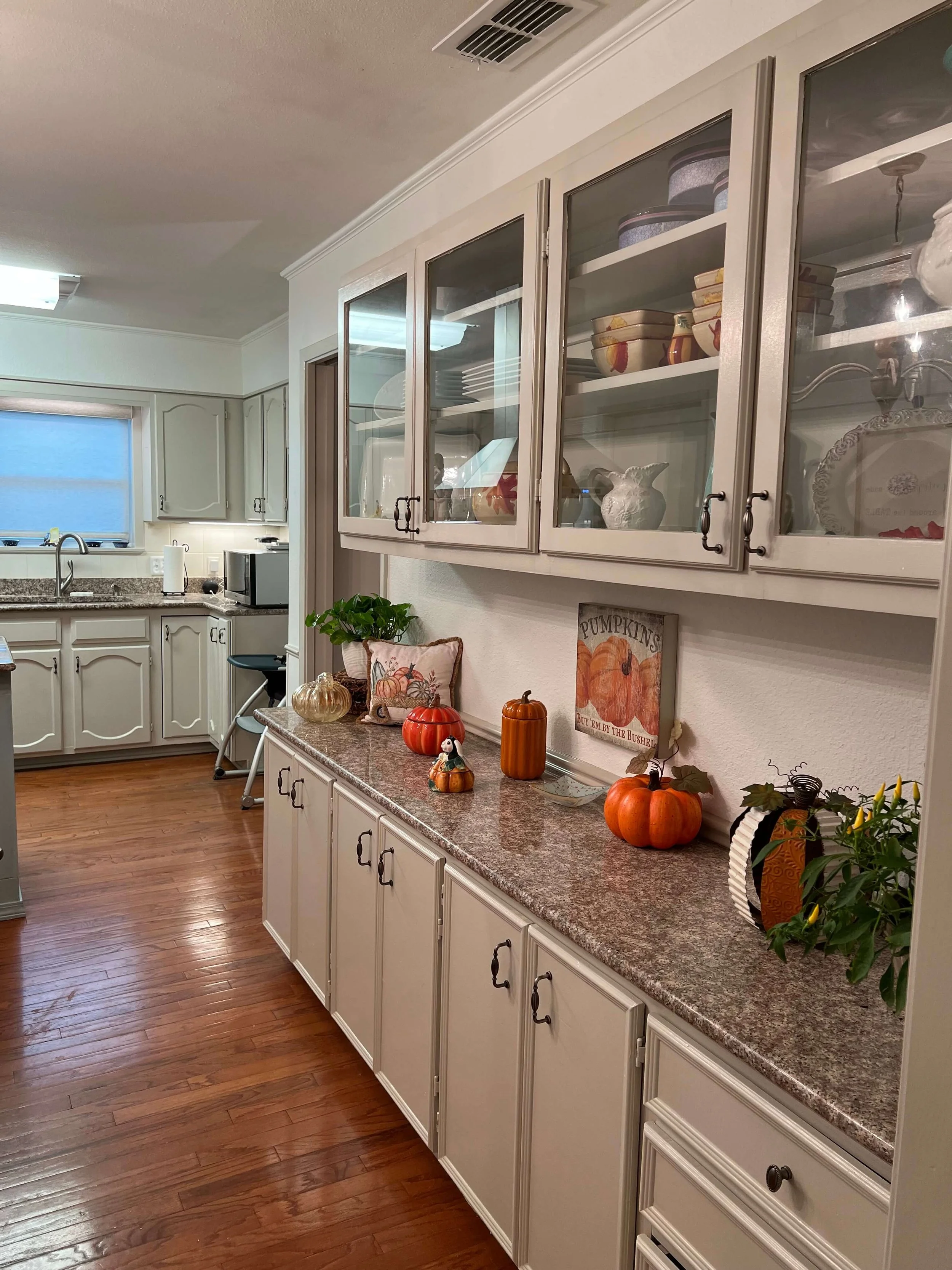 Decorative pumpkins and fall-themed items on a kitchen counter with glass-front cabinets and wood flooring.