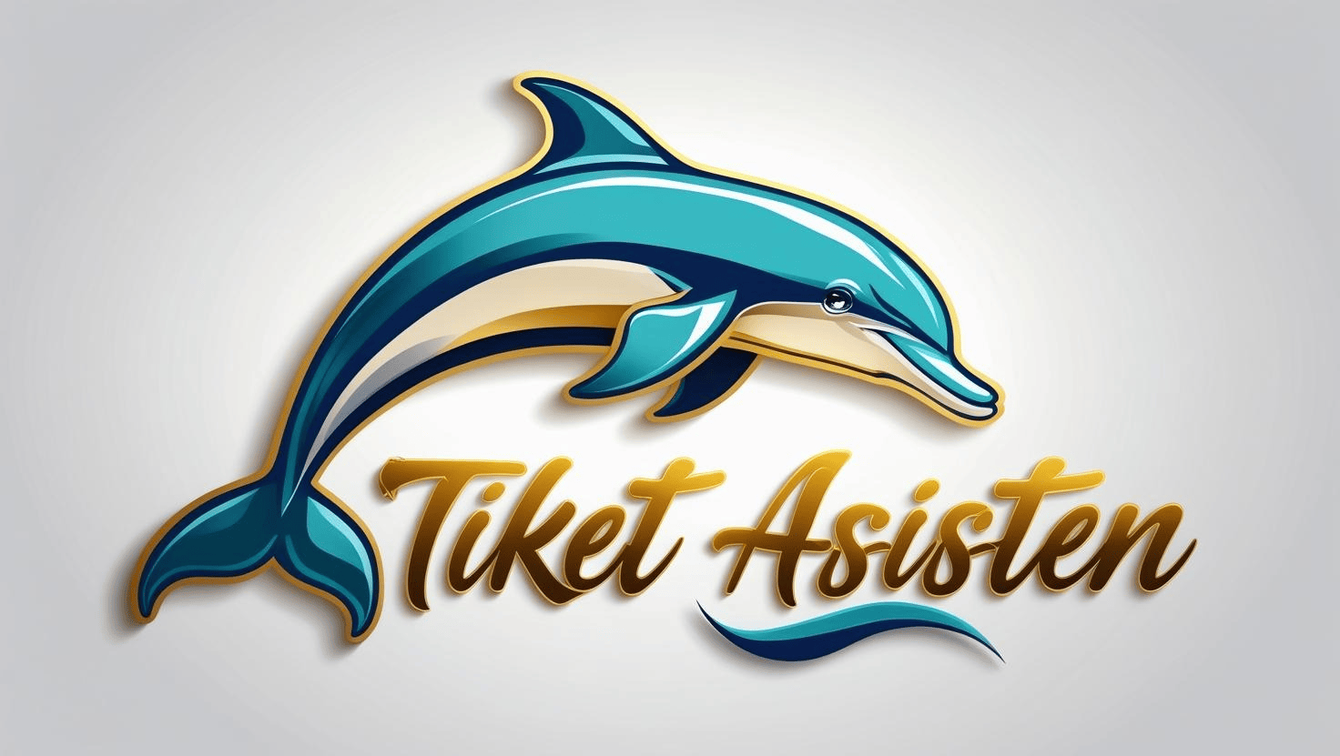 A graphic of a dolphin jumping over the words "Tiket Asisten" in gold and brown cursive text.