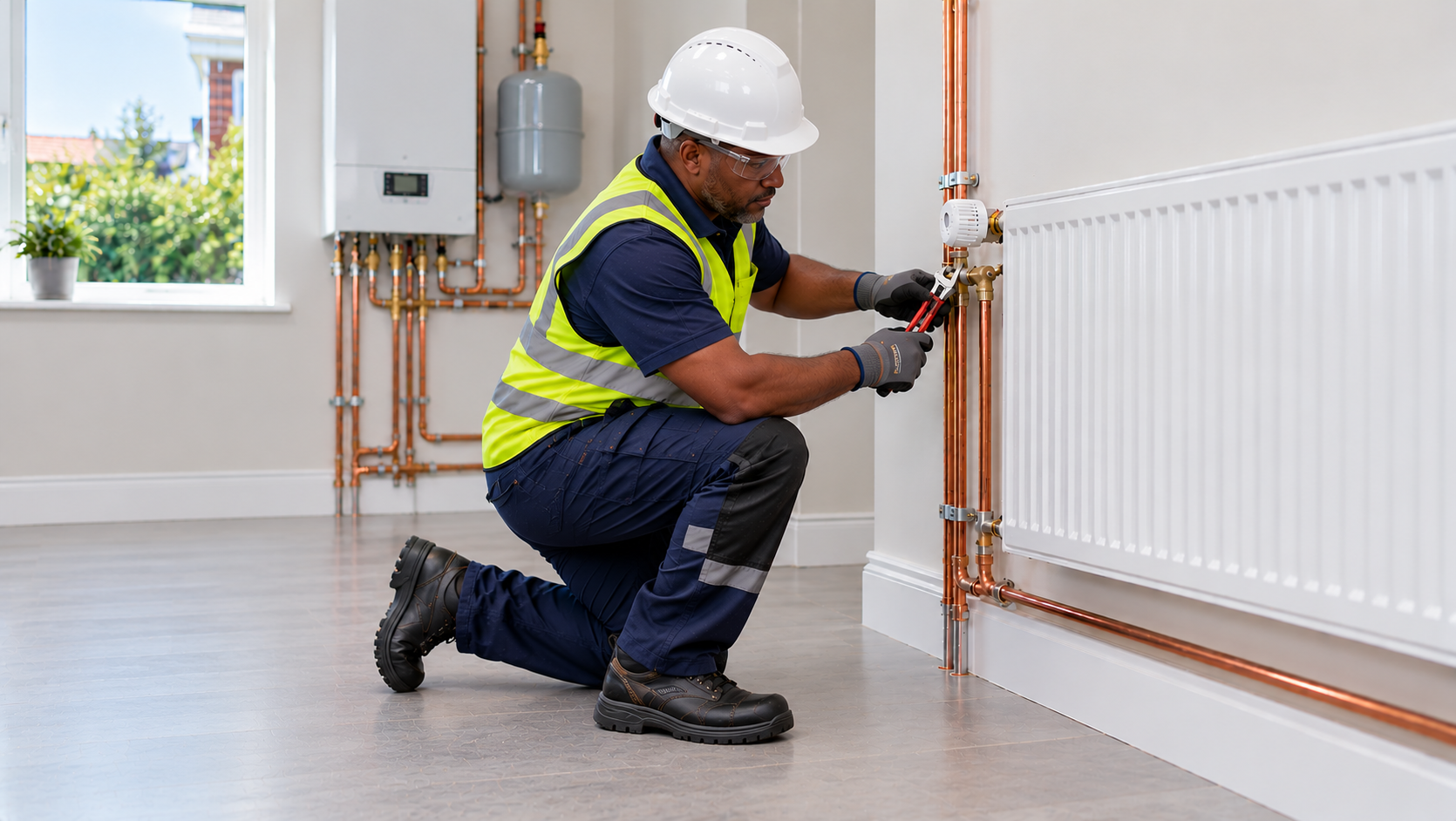 Plumber in safety gear repairing a radiator’s copper pipe fittings with pliers