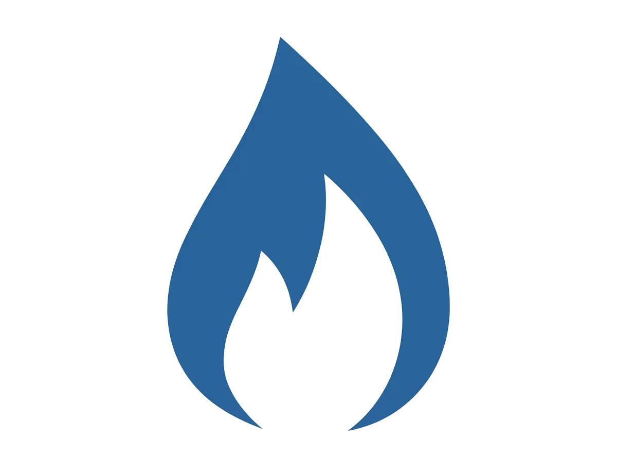 Blue stylized flame logo on a white background