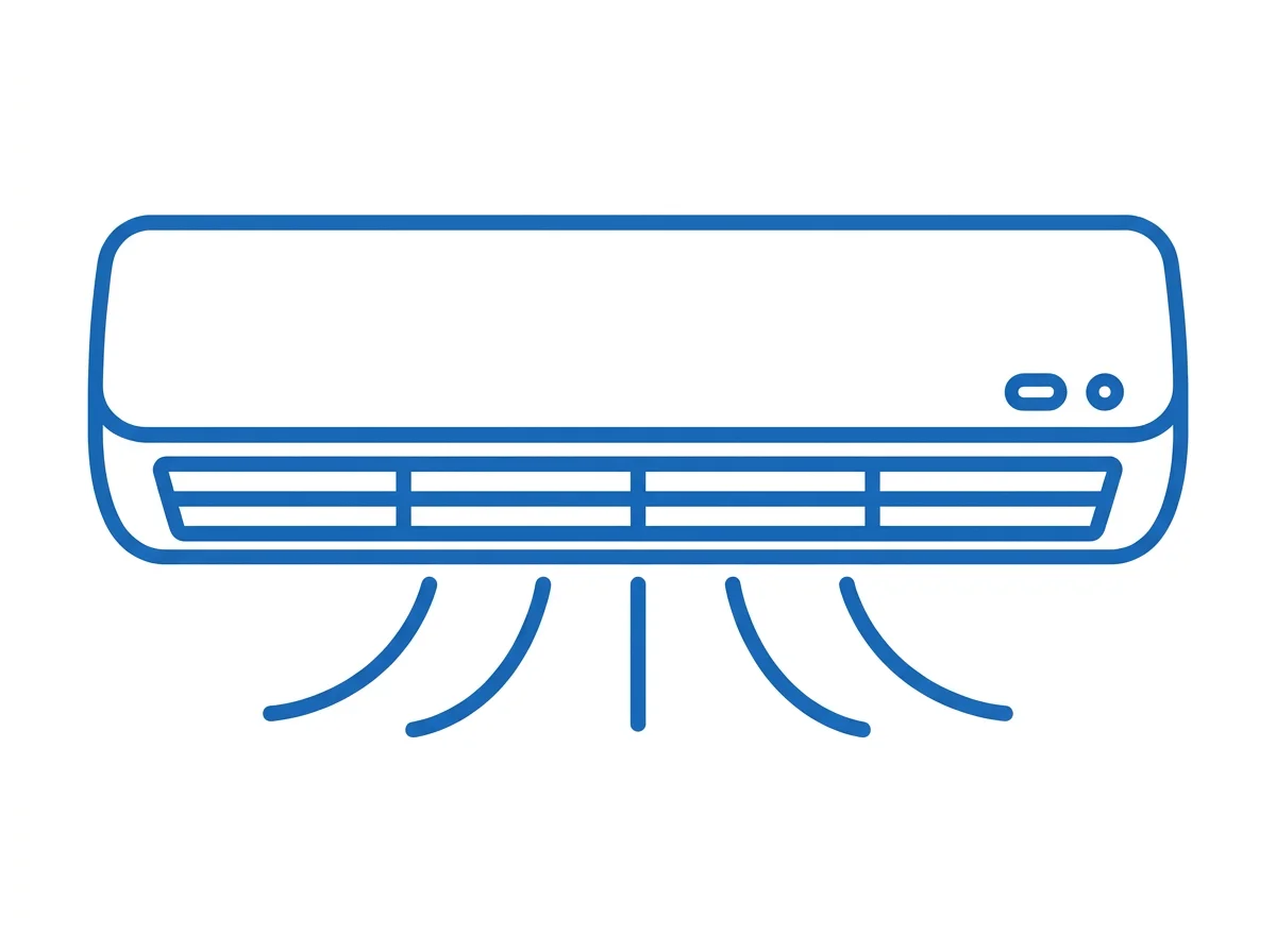 Blue line-art wall-mounted air conditioner blowing cool air