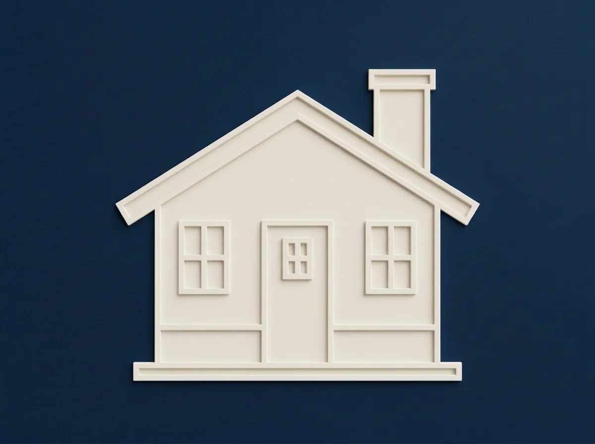 White model house with windows, front door, and chimney against a dark blue background