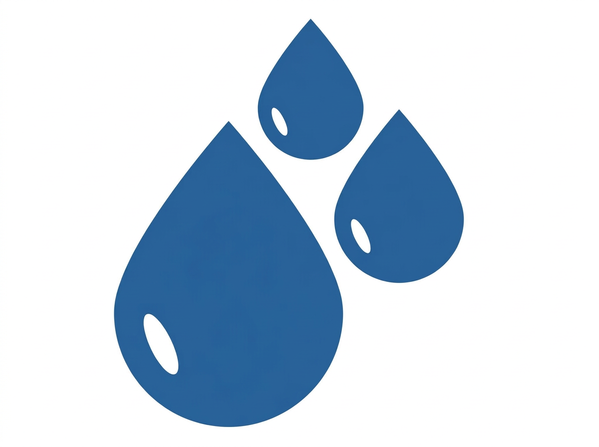 Three blue water droplets of varying sizes on a white background