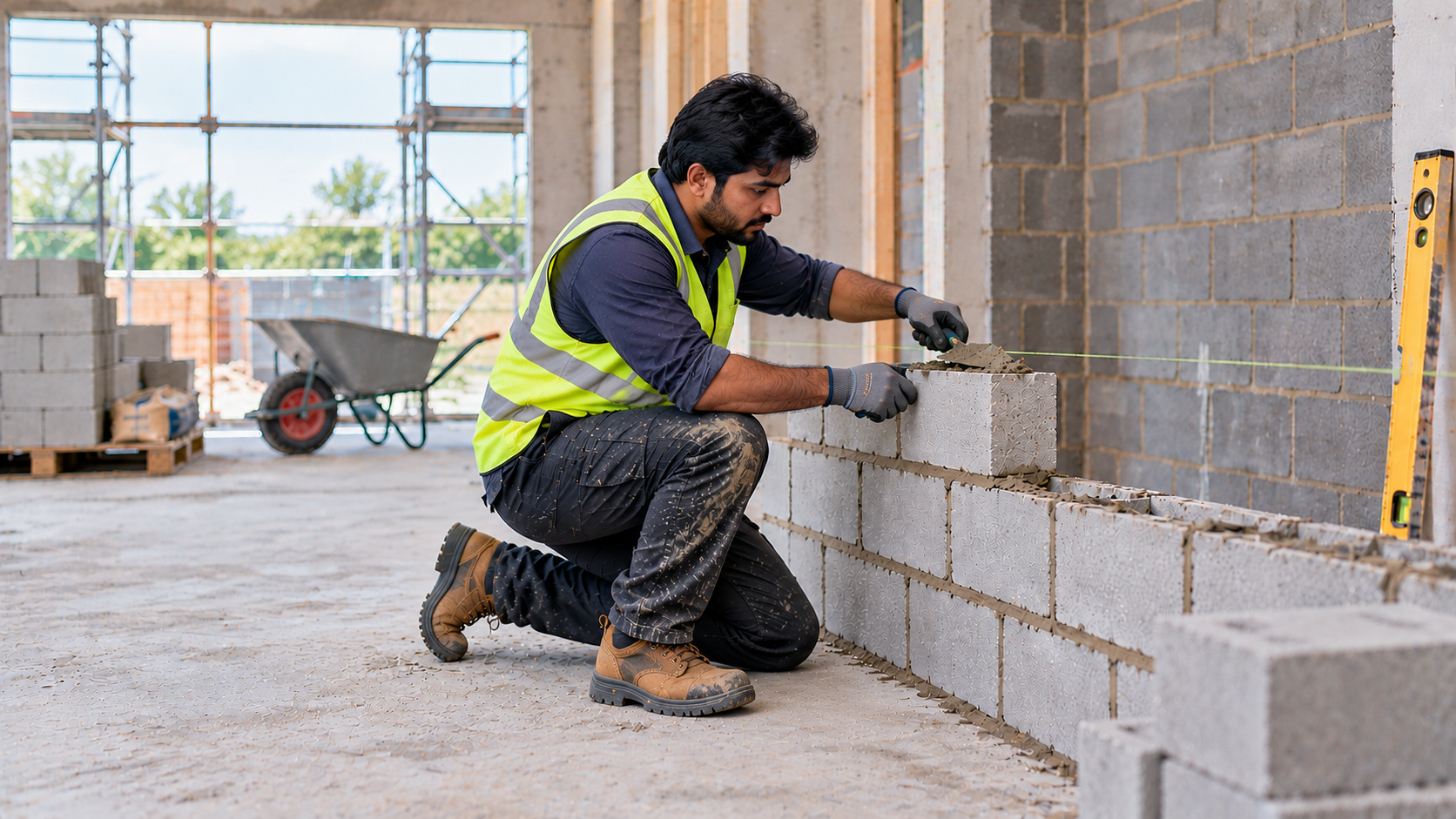 Construction worker in a safety vest laying mortar on concrete blocks inside a building under construction