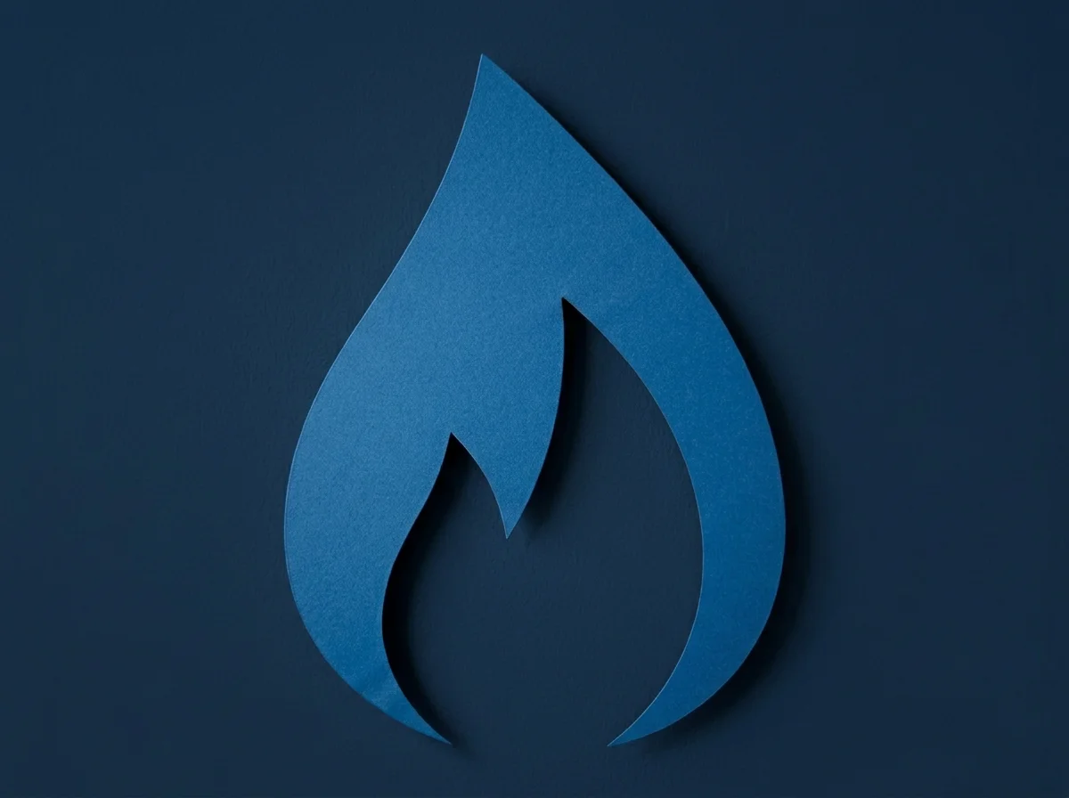 Blue flame-shaped logo on a dark navy background