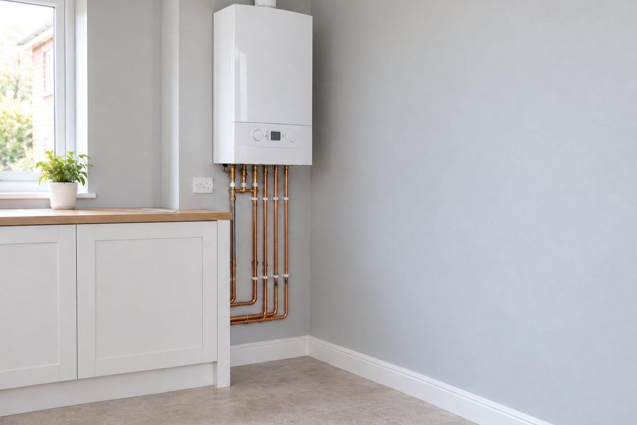 Wall-mounted white combi boiler with exposed copper pipes in a modern kitchen