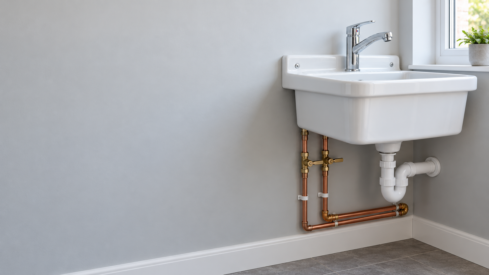 White utility sink with chrome faucet, exposed copper plumbing, and white P-trap beneath a window