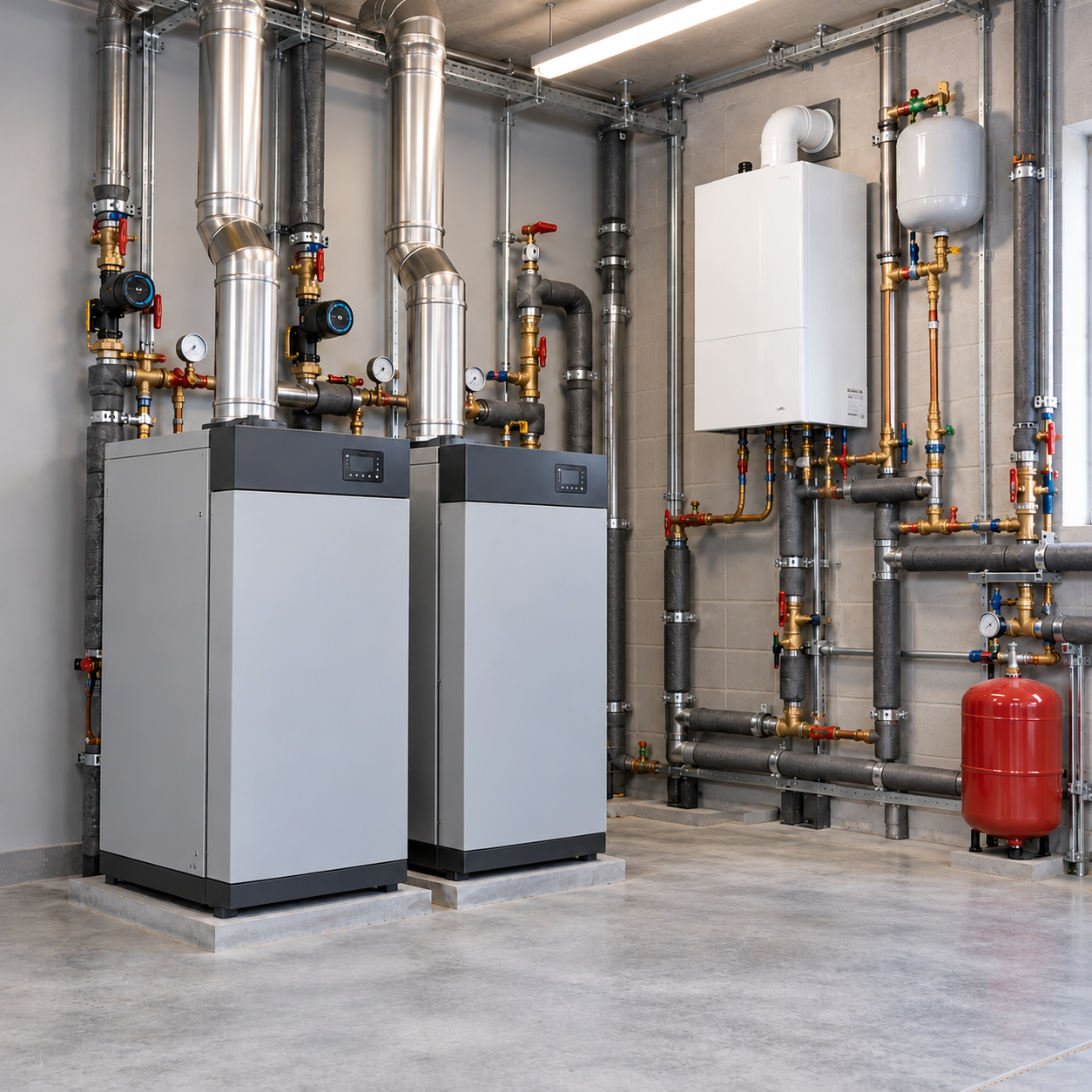 Commercial mechanical room with two boilers, stainless steel exhaust flues, insulated piping, pressure gauges, expansion tank, and water-heating equipment