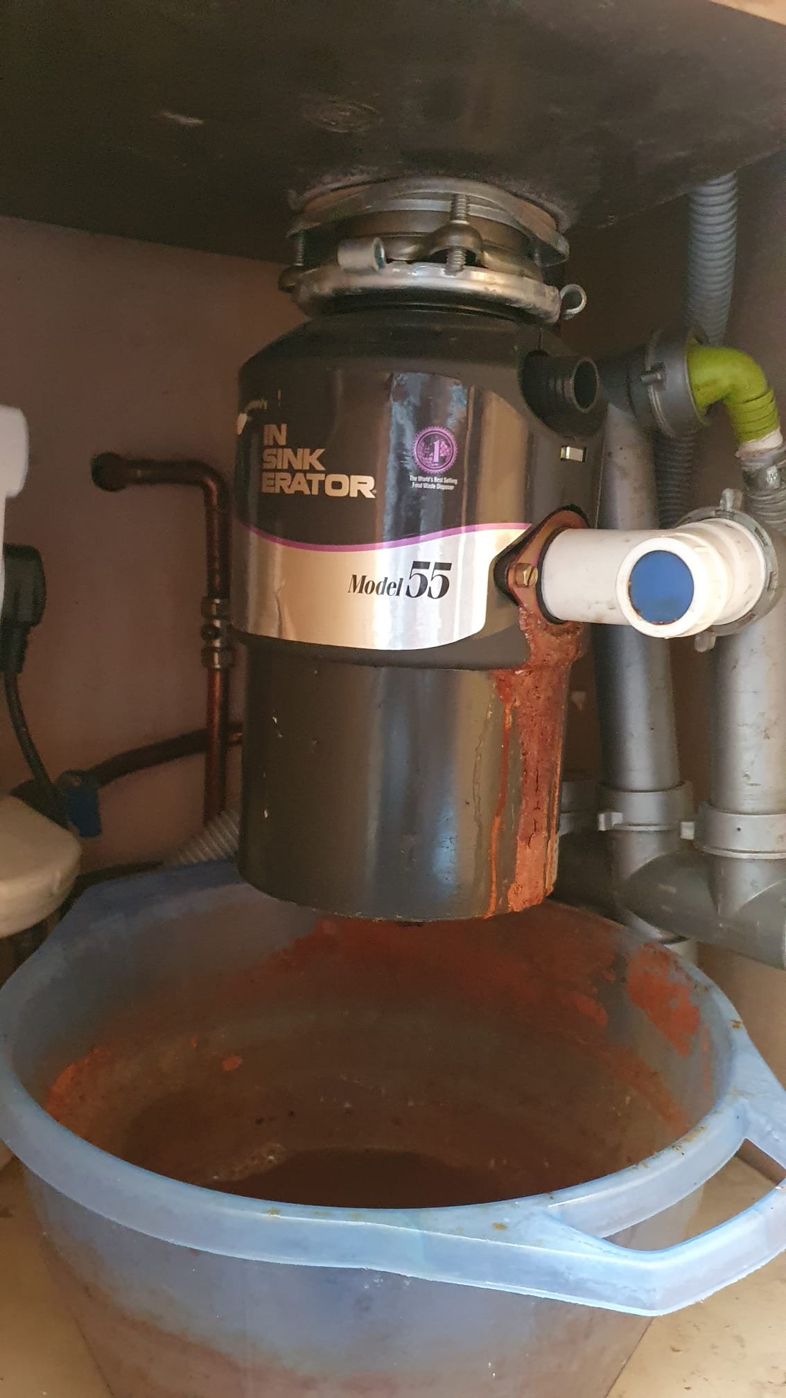 InSinkErator Model 55 garbage disposal leaking into a plastic basin beneath a kitchen sink