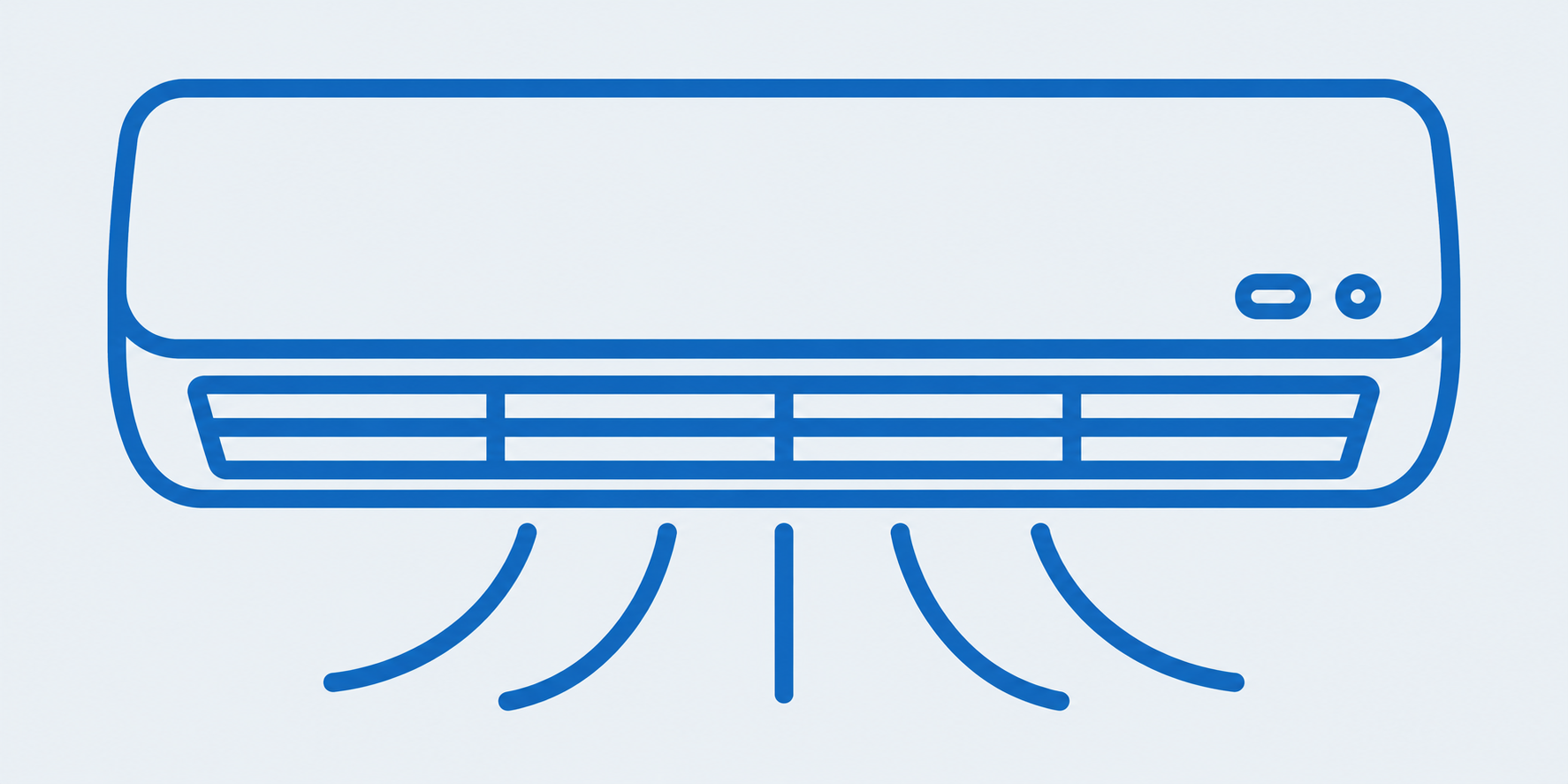 Blue line-art illustration of a wall-mounted air conditioner with airflow lines beneath it