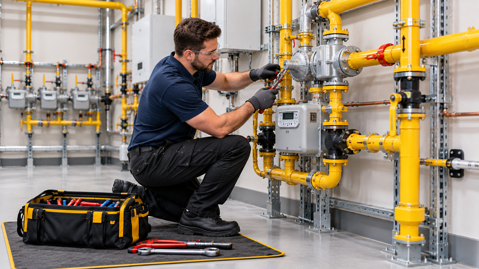 Technician repairing yellow gas pipes and meters with hand tools in a mechanical room