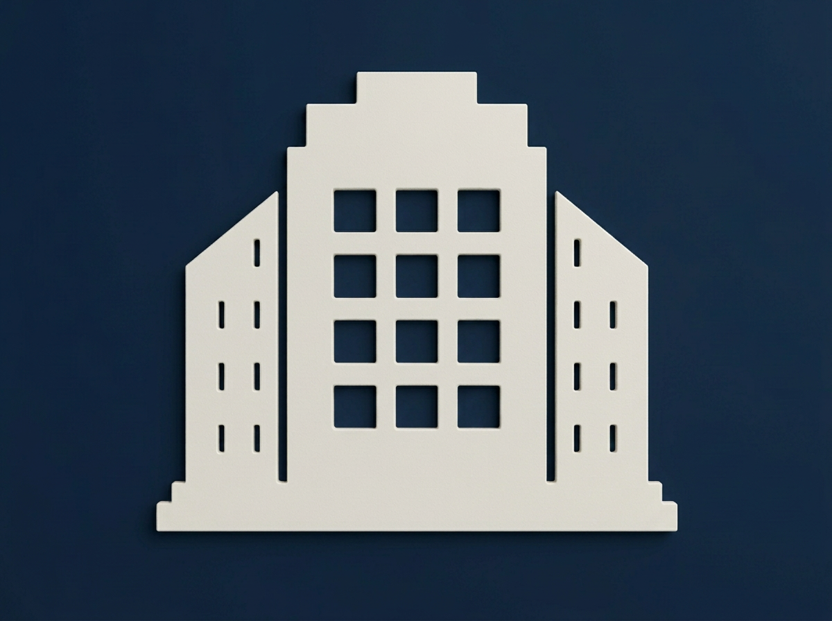 White stylized hospital building icon with windows on a dark blue background
