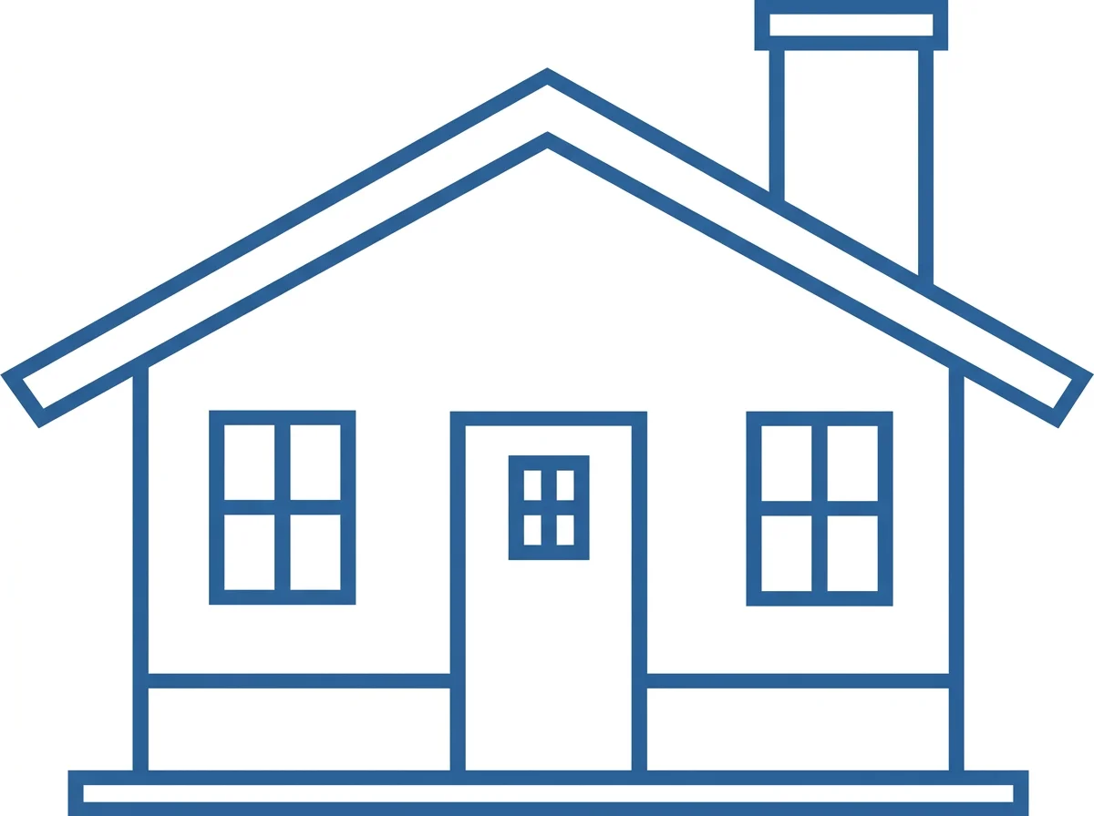 Blue outline icon of a house with a pitched roof, chimney, front door, and two windows