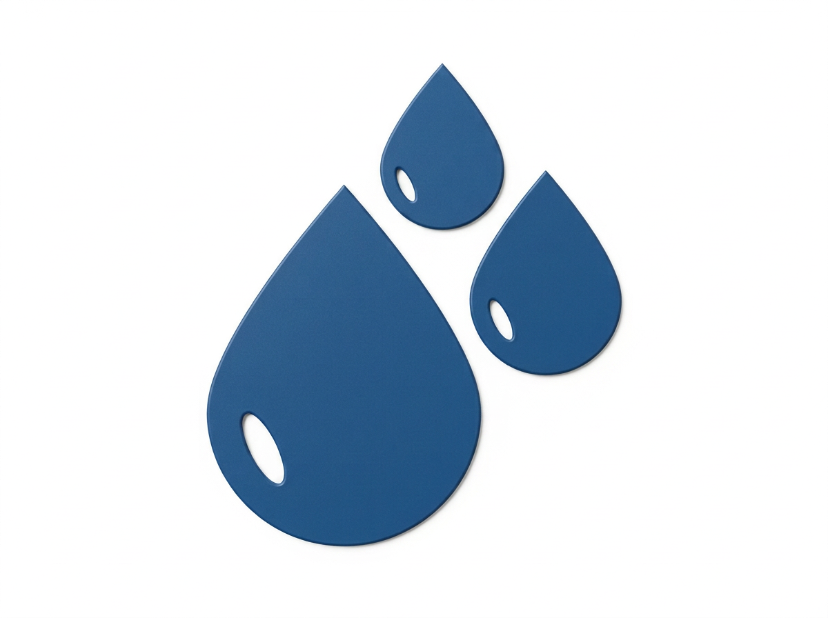 Three blue teardrop-shaped objects with oval cutout holes on a white background