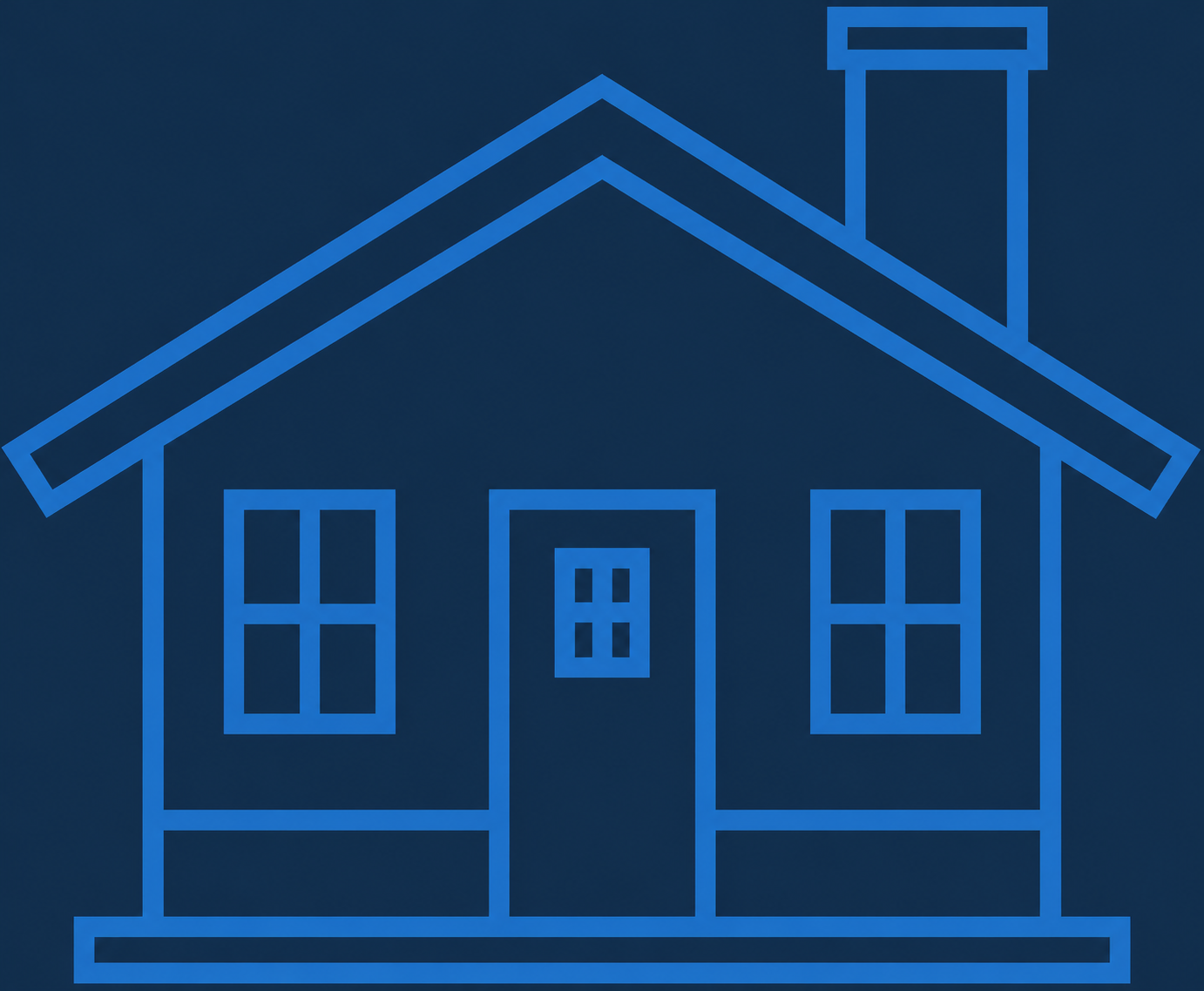 Blue outline icon of a two-story house with windows, front door, pitched roof, and chimney on a dark background