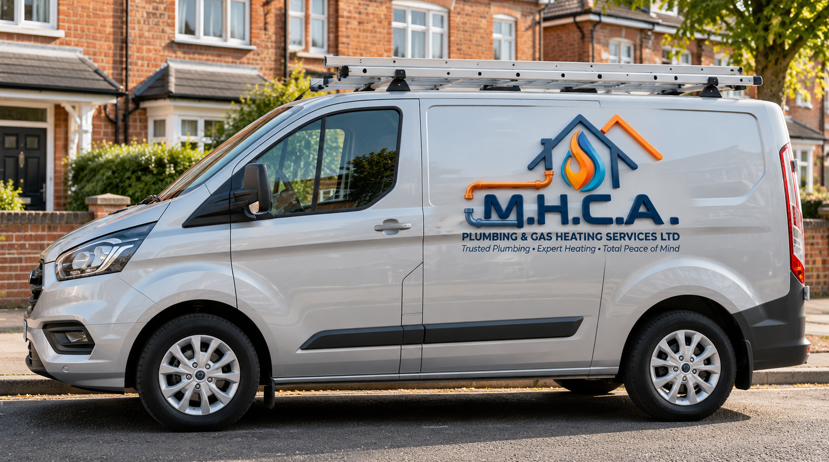 White MHCA plumbing and gas heating service van with roof ladder parked outside brick homes