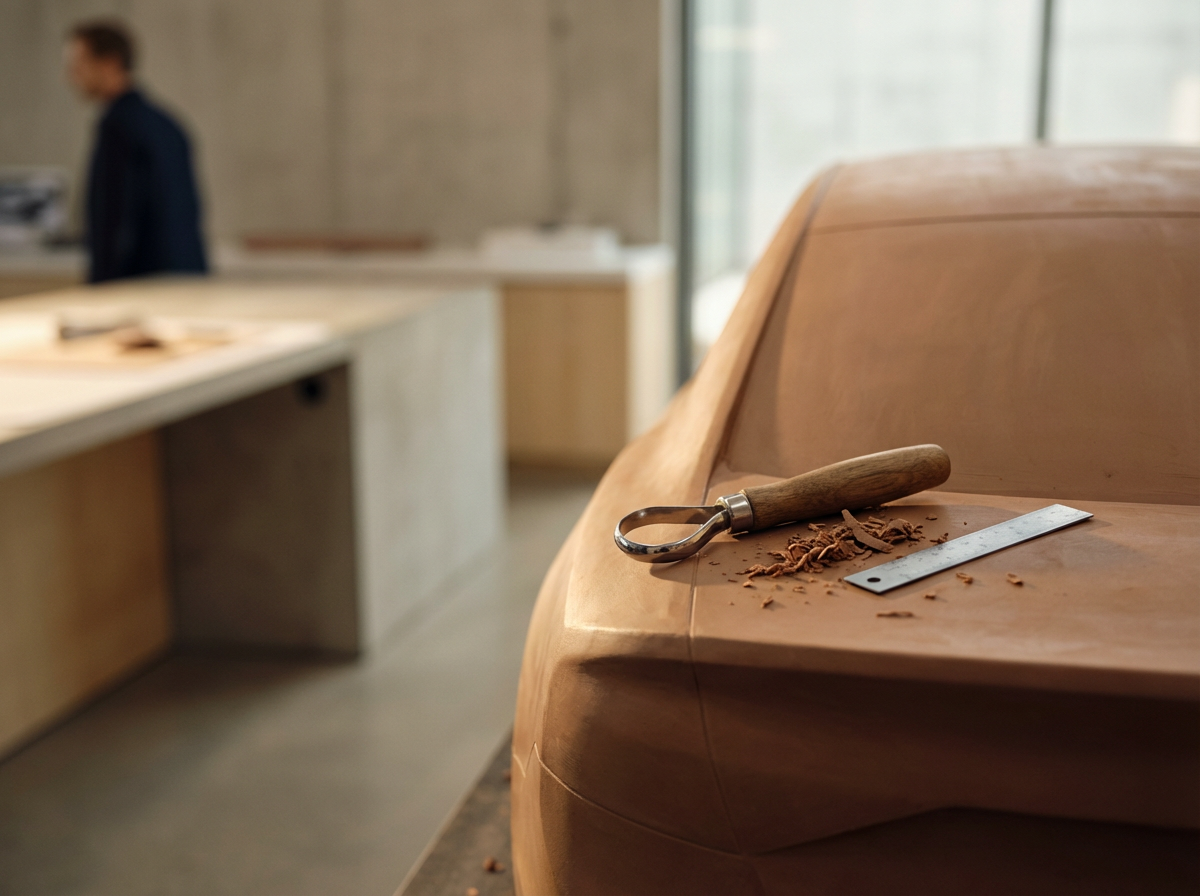 Car body panel being shaped by hand with sculpting tools in a workshop