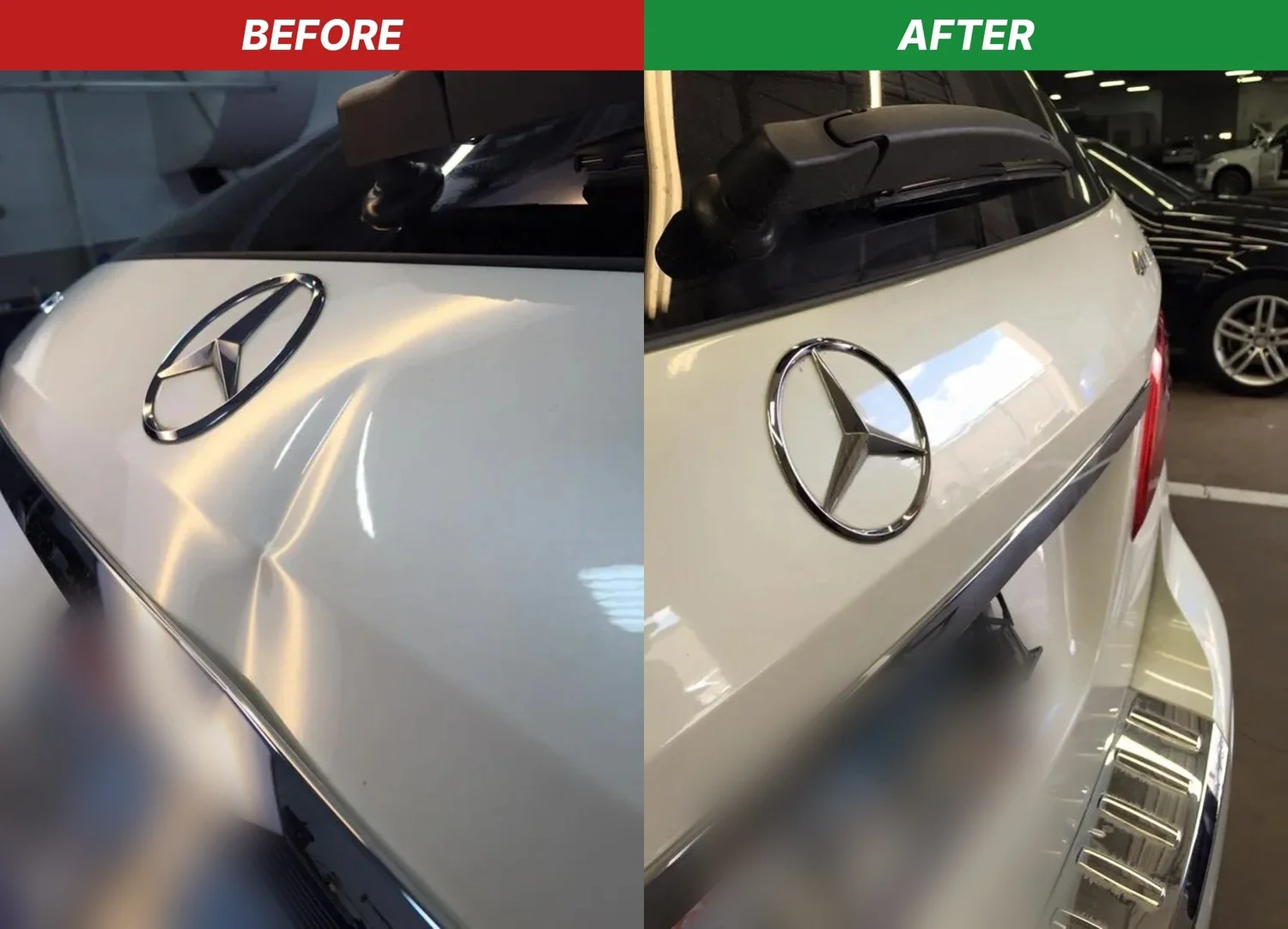 Mercedes, trunk lid before and after paintless dent repair